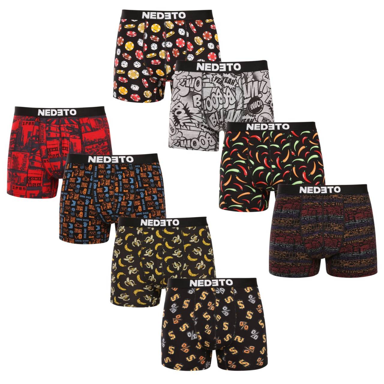 8PACK pánske boxerky Nedeto viacfarebné (8NBV2) XL, trenky.
Zbavte sa nudy a pridajte do svojho šatníka zdravú dávku štýlu a originality!
Pohodlný materiál pre ideálne pohodlie
Boxerky sú vyrobené z mäkkého a priedušného materiálu z bavlny s prímesou elastanu, vďaka čomu sa prispôsobia vášmu telu bez toho, aby vás akokoľvek obmedzovali.
Výrazný dizajn, ktorý vás pobaví
Zábavný potlač vytvára svieži a veselý vzhľad, ktorý vám zaručene zdvihne náladu.
Prečo vyskúšať boxerky Nedeto

Naša značka Nedeto: Kvalita, ktorú sami garantujeme a testujeme.
Originálny dizajn: Hravý štýl, ktorý vás rozosmeje.
Pohodlný materiál a strih: Vhodné na každodenné nosenie, relax a voľný čas.

Česká značka Nedeto ponúka kvalitné spodné prádlo za skvelú cenu
Nielenže predávame spodné prádlo Nedeto, ale tiež stojíme za jeho výrobou.
Ako sa starať o boxerky Nedeto
Aby vaše obľúbené boxerky dlho vyzerali ako nové, odporúčame dodržiavať tieto pokyny na údržbu.

Pranie: Boxerky perte na 30 °C, najlepšie naruby.
Sušenie: Boxerky môžete sušiť v sušičke pri nízkej teplote, ale najšetrnejšou možnosťou je sušenie na vzduchu.
Žehlenie: Áno, boxerky môžete žehliť na nízkej teplote, ideálne naruby, aby nedošlo k poškodeniu vzoru a elastických vlákien.

Tip: Staňte sa odborníkom na starostlivosť o spodnú bielizeň vďaka tipom v našom článku a poskytnite svojim obľúbeným kúskom starostlivosť, ktorú si zaslúžia.