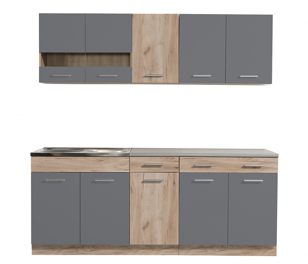 Kuchynská linka 200 lorna-dub šedý/šedá - bez pracovnej dosky.

Všetky horné skrinky ukrývajú jednu vnútornú policu. Skrinka naľavo má presklené dvierka.

Dolná linka ponúka úložný priestor v podobe drezovej skrinky s dvierkami, jednu úzku skrinku so zásuvkou a jednu širokú skrinku so zásuvkou.

Korpus kuchynskej linky tvorí lamino s hrúbkou 1,6cm.

KUCHYNSKÁ LINKA JE DODÁVANÁ BEZ DREZU.

 

Rozmery kuchynskej linky 200 Lorna bez pracovnej dosky sú 200,5x206,5x60cm (š, v, h).

 

Ďalšie kuchynské linky z kolekcie Lorna nájdete nižšie v súvisiacich produktoch.