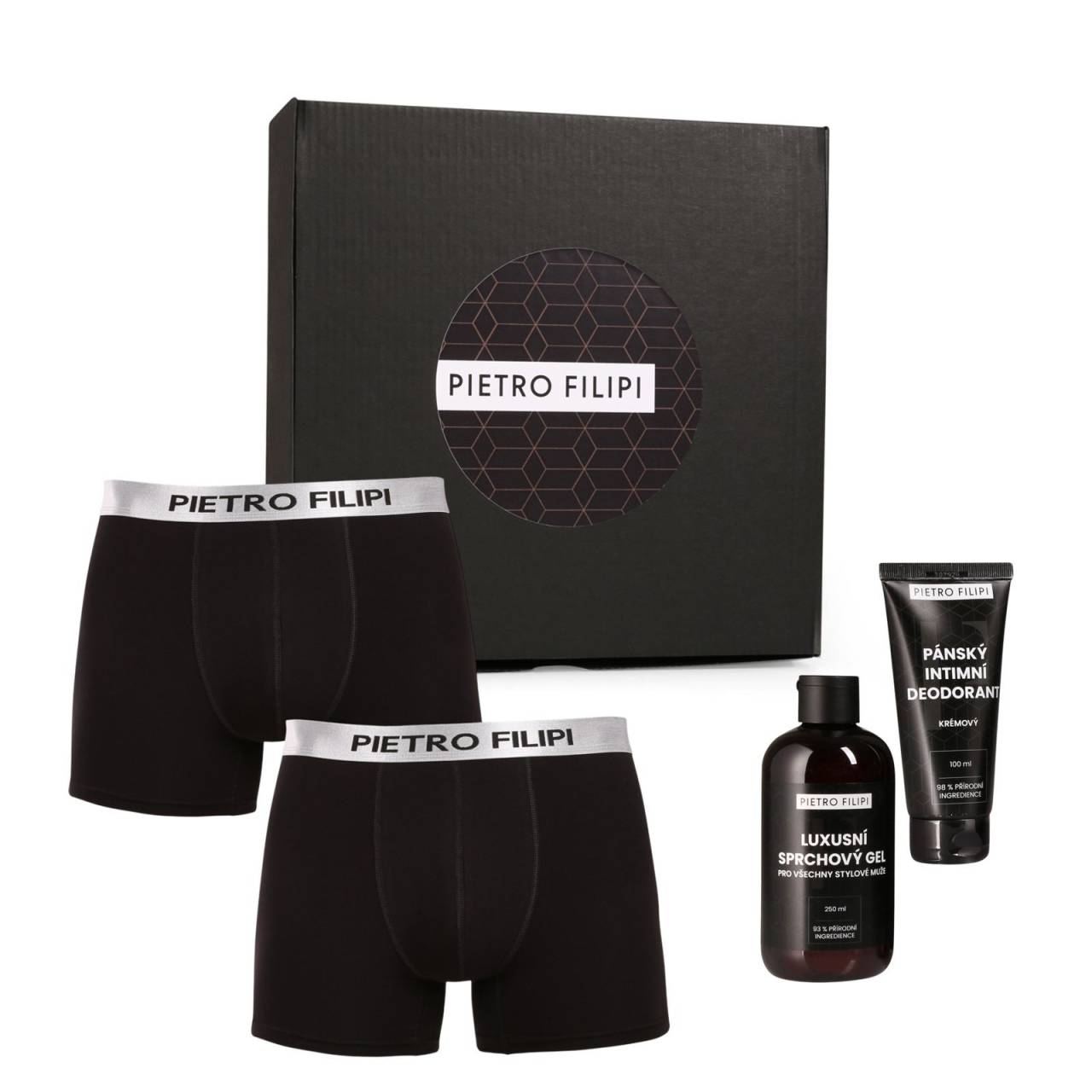 Pánska darčeková sada 2PACK boxerky Metalic a kosmetika Pietro Filipi (4PBK1) L, trenky.
Doprajte sebe alebo svojmu obľúbenému mužovi kombináciu, ktorá spája štýl, pohodlie a starostlivosť.
Čo nájdete v tejto darčekovej sade

2 páry štýlových pánskych boxeriek Pietro Filipi
1 sprchový gél Pietro Filipi (na telo a intímne partie)
1 pánsky intímny dezodorant Pietro Filipi

Boxerky Pietro Filipi spájajú eleganciu a maximálnu kvalitu
Tieto boxerky sú vyrobené z mimoriadne jemného materiálu, takže sa v nich budete cítiť pohodlne po celý deň.
Luxusný sprchový gél Pietro Filipi: Jemná starostlivosť každý deň
Sprchový gél obsahuje 93 % prírodných zložiek a je vhodný nielen na telo, ale aj na tvár a intímne partie.
Intímny dezodorant Pietro Filipi: Pre pocit sviežosti aj v najcitlivejších partiách
Dezodorant je určený špeciálne pre intímne partie mužov – absorbuje pachy, znižuje vlhkosť a je mimoriadne šetrný k pokožke.
Prečo stojí za to si dopriať túto darčekovú sadu Pietro Filipi

Pohodlné boxerky na všetky príležitosti.


Kozmetika pre skutočných mužov.


Elegantné balenie.

Nový začiatok pre Pietro Filipi
Značka Pietro Filipi je na českom trhu už mnoho rokov a je známa najmä svojím moderným oblečením pre biznis a voľný čas.
Teraz Pietro Filipi začína novú kapitolu, ktorú píše spoločne s Trenírkáreň.sk.
Ako sa starať o svoje obľúbené boxerky
Aby vaše nové boxerky zostali v perfektnom stave, je dôležité dodržiavať tieto pokyny:

Pranie: Odporúčame prať boxerky na 40 °C.


Sušenie: Boxerky môžete sušiť v sušičke, ale len pri nízkej teplote, aby nedošlo k poškodeniu elastanu.


Žehlenie: Môžete ich žehliť pri nízkej teplote, ale odporúčame ich žehliť naruby, aby sa zachovala kvalita materiálu a logá.

Tip: Nájdenie správneho spodného prádla, ktoré vám perfektne sedí, môže byť niekedy náročné.