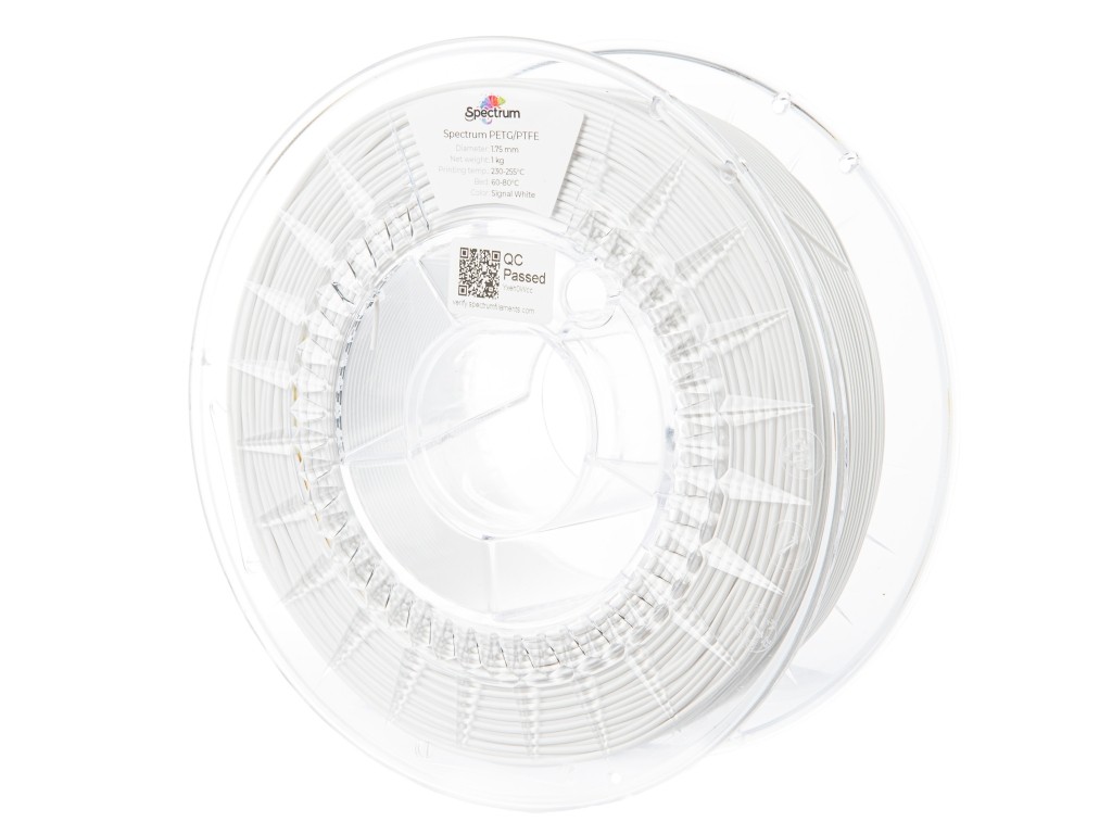 Spectrum 80743 3D filament, PET-G/PTFE, 1,75mm, 1000g, signal white.
Vlastnosti materiálu

10% obsah PTFE
znížený koeficient trenia v porovnaní s bežným PET-G
teplotná odolnosť až do 70 °C
jednoduchá tlač
dobrá chemická odolnosť
dokonalá súdržnosť vrstiev



Aplikácie

funkčné prototypy
výroba dielov s nízkym trením
výroba prevodoviek a prevodových dielov s nízkym zaťažením.


diely na konečné použitie