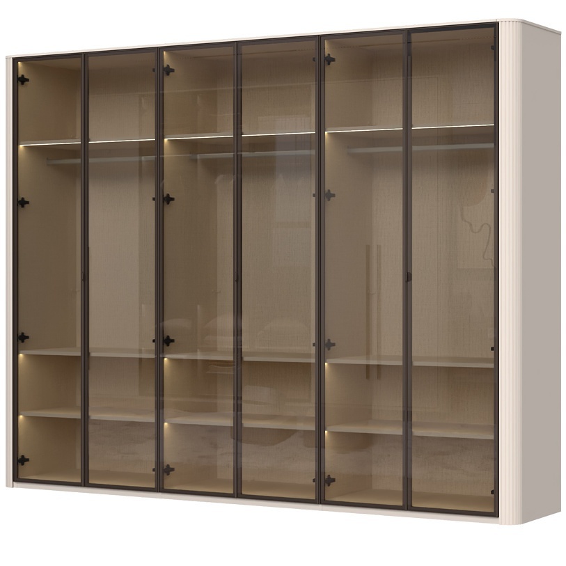 Šesťdverová šatníková skriňa s osvetlením a presklenými dverami renfri.

 

Interiér skrine je premyslený do posledného detailu; ponúka textilný dekor a police s integrovaným osvetlením, ktoré elegantne vystavia vaše obľúbené kúsky. Vnútorné LED osvetlenie rovnomerne presvetľuje celú skriňu, čo vám umožní ľahko nájsť, čo hľadáte, aj bez rozsvietenia hlavného svetla.

 

Renfri nie je len šatníková skriňa; je to dizajnový prvok, ktorý harmonicky spája vzhľad s praktickými detailmi pre každodenný komfort. Jemný mat v kašmírovej farbe pôsobí nadčasovo, zatiaľ čo hnedé sklo a kovové úchytky pridávajú nádych intimity a vizuálnej čistoty. LED osvetlenie potom podčiarkuje atmosféru spálne.

 

Skriňu ľahko zladíte s ďalšími prvkami kolekcie Renfri a vytvoríte harmonický celok v jednotnom kašmírovom odtieni s akcentom Midnight Copper.

 

Rozmery šatníkovej skrine Renfri sú 288x225x56cm (š,v,h).

 

Ďalší nábytok z kolekcie Renfri nájdete v súvisiacich produktoch.