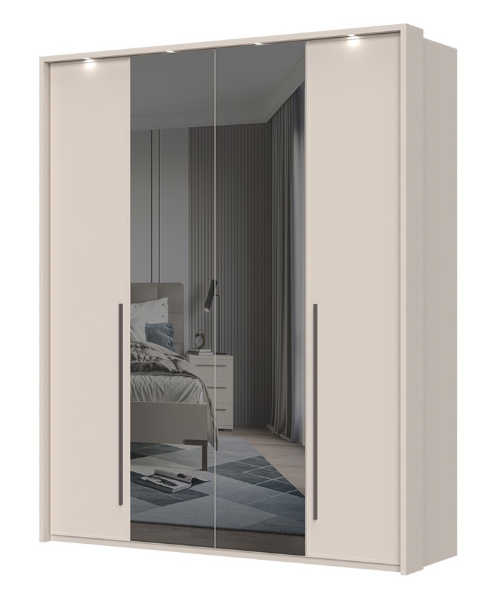 Štvordverová šatníková skriňa so zrkadlom a led osvetlením baptiste –.


Kľúčové vlastnosti:


	Luxusný dizajn: Skriňa je navrhnutá v moderných líniách a luxusnej kašmírovej farbe s matným finishom, ktorá je doplnená kávovo hnedými úchytkami.
	Kvalitné materiály: Vyrobená z vysoko kvalitného lamina s hrúbkou 18-25 mm v kombinácii s MDF doskou pre čelá dverí a zásuviek.
	Odolný povrch: Povrch nábytku je upravený UV lakom, ktorý je až 5x odolnejší ako bežný lak.
	Soft close systém: Každý prvok je vybavený systémom tichého a pomalého dovierania dvierok a zásuviek, čo zvyšuje komfort používania.
	Vnútorné usporiadanie: Skriňa obsahuje 6 políc a dve šatníkové tyče, ktoré poskytujú dostatok úložného priestoru pre všetko šatstvo.
	Zrkadlo a LED osvetlenie: Prostredné dvere sú opatrené zrkadlom a skriňa je vybavená LED osvetlením, ktoré je súčasťou balenia.
	Nastaviteľné nôžky: Vďaka nim je možné nábytok ľahko vyrovnať aj na nerovnom povrchu.



Variabilita a prispôsobenie:


	Skriňa je k dispozícii v troch variantoch: základná, s rámom a s LED osvetlením.
	Možnosť dokúpenia širokej škály doplnkov, ako sú ďalšie LED zdroje či police, umožňuje prispôsobenie skrine presne podľa vašich potrieb.



Rozmery:


	Šírka: 187 cm
	Výška: 226 cm
	Hĺbka: 60 cm



Kolekcia Baptiste poskytuje nielen funkčný, ale aj estetický zážitok.

 