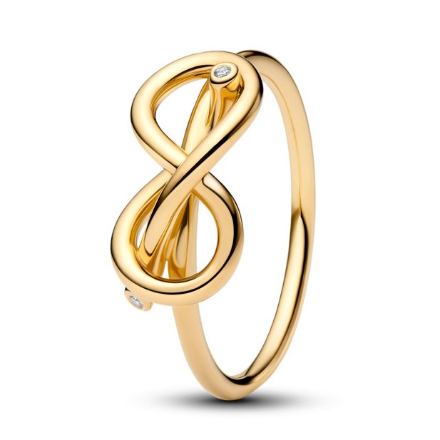 Pandora Pozlátený prsteň Uzol nekonečna s kubickými zirkónmi Shine Moments 163759C01 54 mm.