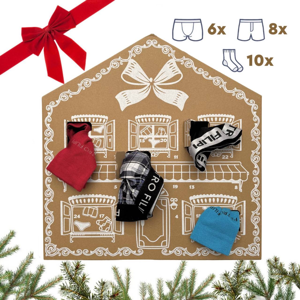 Herren-Adventskalender Pietro Filipi (24PXV1) XL.
Öffnen Sie jeden Tag ein Fenster und gönnen Sie sich Unterwäsche, die zeitloses Design, hochwertige Materialien und Komfort vereint, auf den Sie sich verlassen können.
Ein exklusives Geschenk mit Stil
Vergessen Sie Schokolade – dieser Adventskalender bietet viel mehr.
Was ist darin versteckt?

6× Pietro Filipi Shorts
8× Pietro Filipi Boxer

3 davon mit Ballhalter für zusätzlichen Halt und Komfort

10x Pietro Filipi hohe Socken

Sie erhalten Shorts und Boxershorts in der von Ihnen gewählten Größe.
Pietro Filipi – unsere Marke, Ihr Komfort
Die Marke Pietro Filipi ist Teil unseres privaten Angebots.

Waschen: Boxershorts werden bei 40°C gewaschen, der idealen Temperatur, um Schmutz zu entfernen und die Qualität des Materials zu erhalten.
Trocknen: Sie können sie im Wäschetrockner trocknen, allerdings bei niedriger Temperatur, um das Elastan nicht zu beschädigen oder den Stoff nicht einzuschrumpfen.
Bügeln: Falls erforderlich, können Sie die Boxershorts bei einer für Baumwolle geeigneten niedrigen Temperatur bügeln.

Tip: Werden Sie mit den Tipps in unserem Artikel zum Experten für die Pflege von Dessous und geben Sie Ihren Lieblingsstücken die Pflege, die sie verdienen.