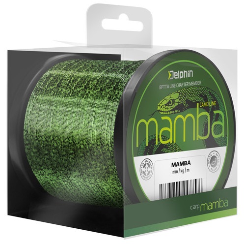 Delphin vlasec mamba carp kamufláž - priemer 0,26 mm / nosnosť 11,4 lbs / návin 6000 m.
 MM / LBS: 0.26mm / 11.4lbs, 0.28mm / 13.4lbs, 0.30mm / 15.5lbs, 0.32mm / 16.3lbs, 0.34mm / 17.8lbs