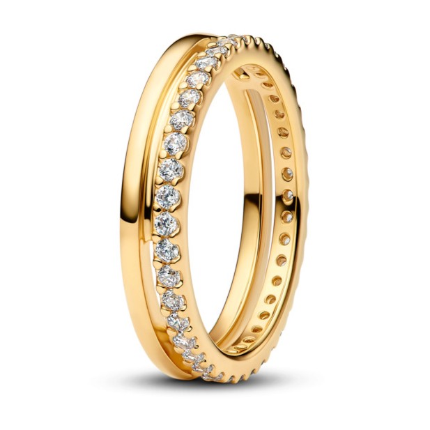 Pandora Pozlátený dvojitý prsteň so zirkónmi Timeless Shine 163799C01 52 mm.