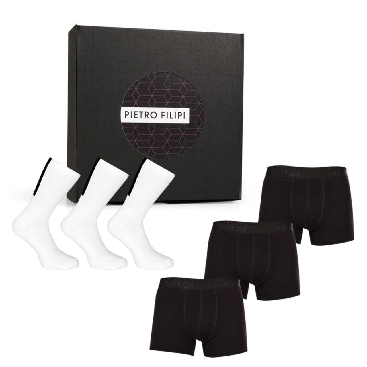 Pánska darčeková sada 3PACK boxerky a 3PACK športové ponožky Pietro Filipi (6PBOV1) XL, trenky.
Dajte svojmu obľúbenému mužovi najavo, že vám záleží na jeho pohodlí.
Čo obsahuje darčeková súprava spodnej bielizne Pietro Filipi

3 kusy pánskych boxeriek Pietro Filipi s tkanou gumou a logom


3 páry ponožiek Pietro Filipi s vysokým strihom (zodpovedá veľkosti L 43-46)

Pánske boxerky Pietro Filipi zaručujú pohodlie počas celého dňa
Priliehavé boxerky Pietro Filipi sú vyrobené z kvalitnej zmesi bavlny a elastanu, ktorá je príjemná na pokožku, dobre odvádza vlhkosť a dokonale sa prispôsobí vášmu telu.
Ponožky pre dokonalý štýl a pohodlie
Ponožky vás potešia svojím zložením, ktoré im dodáva maximálnu priedušnosť a savosť, takže sa budete cítiť pohodlne od rána do večera.
Prečo sa darčeková súprava boxeriek a ponožiek Pietro Filipi oplatí

Praktický darček pre každého muža.


Elegantné balenie.


Kvalitný materiál a nadčasový dizajn.

Spodná bielizeň Pietro Filipi pre všetkých štýlových mužov
Značka Pietro Filipi má na českom trhu dlhoročnú tradíciu.
Ako sa starať o novú spodnú bielizeň
Aby vám radosť z nových boxeriek a ponožiek vydržala čo najdlhšie, odporúčame vám dodržiavať tieto rady.

Pranie: Boxerky perte pri teplote 40 °C, ale v prípade ponožiek odporúčame prať pri teplote 30 °C.


Sušenie: Ponožky môžete sušiť v sušičke, ale ponožky nechajte schnúť na vzduchu.


Žehlenie: Ak musíte, žehlite boxerky pri nižšej teplote.

Tip: Staňte sa expertom na údržbu spodnej bielizne vďaka tipom v našom článku a doprajte svojim obľúbeným kúskom starostlivosť, akú si zaslúžia.
Zloženie:
Ponožky - 75 % bavlna, 16 % polyamid, 5 % elastan, 4 % polyamid
Boxerky - 95 % bavlna, 5 % elastan