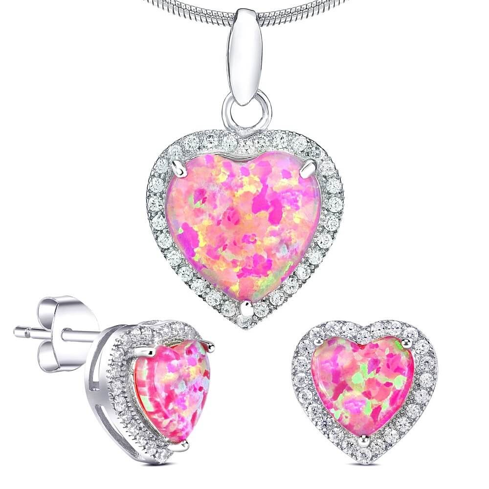 Silvego Strieborný srdiečkový set so syntetickými opály JJJS0103C2 (náušnice, prívesok).