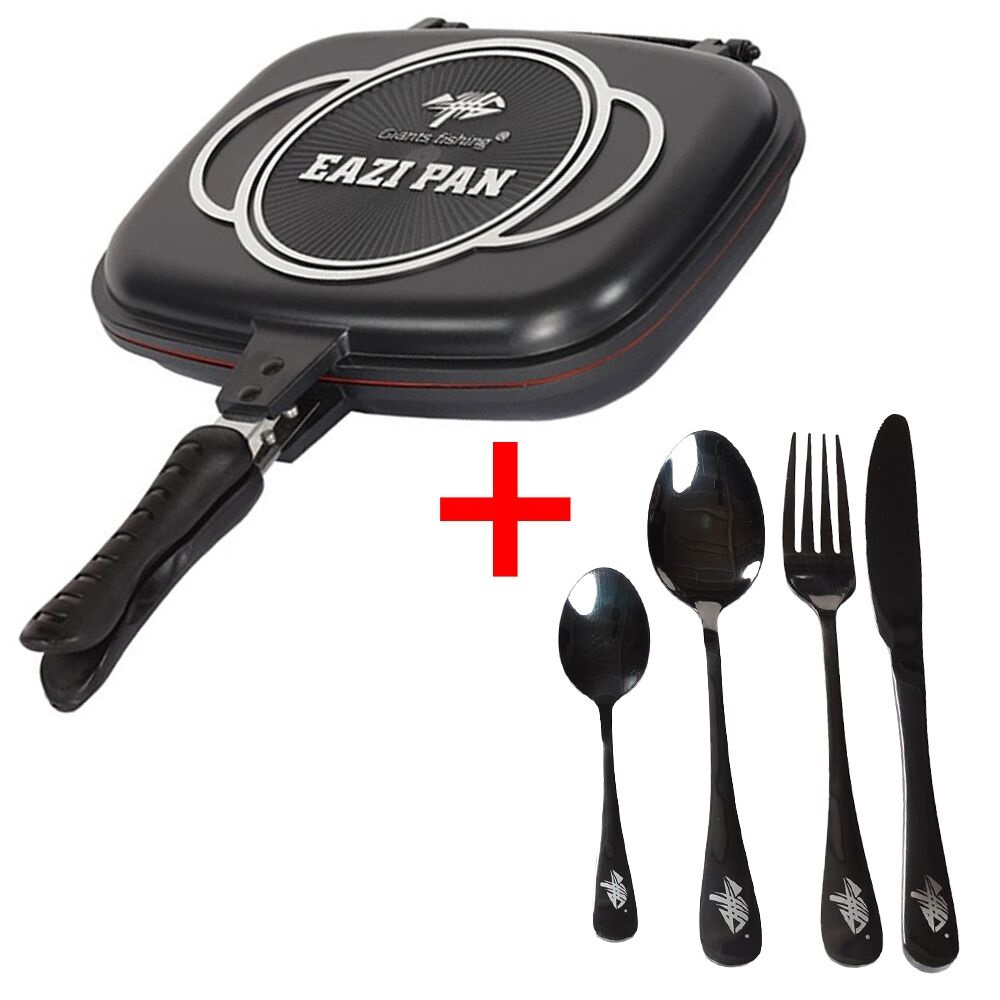 Giants fishing akčný set panvica na varenie eazi pan large + sada nerezových príborov.
 Špecifikácia: • priemer 32 cm (rozmery bez rukoväte): 32 x 25 x 6,6 cm • priemer 32 cm (rozmery s rukoväťou): 46 x 32 x 6,6 cm 
 • použitý materiál: Non-Stick PTFE materiál známy ako Teflon • magnetický klip pre bezpečnosť prenášania a otočenia • ergonomická rukoväť • vnútorné silikónové tesnenie + 1 navyše • pretlakový otvor • hmotnosť: priemer 32 cm – 1,4 kg 
 Príbory - Praktická príborová sada, ktorá je vyrobená z čiernej nerez ocele.