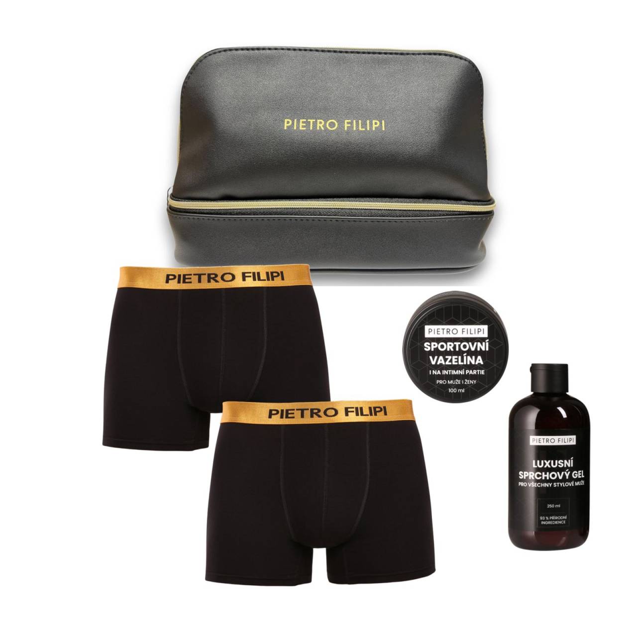 Pánska darčková kozmetická taštička 2PACK boxerky Metalic a kosmetika Pietro Filipi (4PJTBK1) XXL, trenky.
Hľadáte darček, ktorý je praktický, elegantný a poteší každého muža?
Čo obsahuje darčeková sada

2 boxerky Pietro Filipi s kovovým elastickým pásom
1 balenie sprchového gélu Pietro Filipi s výživným zložením
1 balenie športového gélu Pietro Filipi na zvýšenie športového výkonu
Kozmetická taštička Pietro Filipi

Prémiové boxerky s kovovým detailom
Súprava obsahuje elegantné čierne boxerky Pietro Filipi s výraznou kovovou gumičkou.
Kozmetika, ktorá poteší telo i zmysly
Balíček obsahuje aj luxusný sprchový gél Pietro Filipi s elegantnou vôňou, ktorý osvieži telo i myseľ a poskytne vám pocit čistoty a sebavedomia po celý deň.
Nechýba ani športová vazelína, ktorú ocení každý aktívny muž – chráni pokožku počas fyzickej aktivity, vrátane citlivých partií.
Dizajnová kozmetická taška
Všetko je starostlivo zabalené v štýlovej čiernej taške s logom Pietro Filipi, ktorá je praktická na cestovanie aj do kúpeľne.
Prečo stojí za to vyskúšať túto darčekovú sadu Pietro Filipi

Kompletná sada pre každodennú starostlivosť: Obsahuje spodnú bielizeň, sprchový gél a vazelínu – všetko, čo muž potrebuje, v jednej sade.
Štýl a kvalita značky Pietro Filipi: Prémiová česká značka, ktorá zaručuje eleganciu, pohodlie a kvalitné spracovanie.
Praktické a reprezentatívne balenie: Ideálny darček pre vášho partnera, otca, brata alebo priateľa – či už na Vianoce, narodeniny alebo len tak, aby ste im urobili radosť.

Nový začiatok pre Pietro Filipi
Značka Pietro Filipi je na českom trhu už mnoho rokov a je známa najmä svojím moderným oblečením pre biznis a voľný čas.