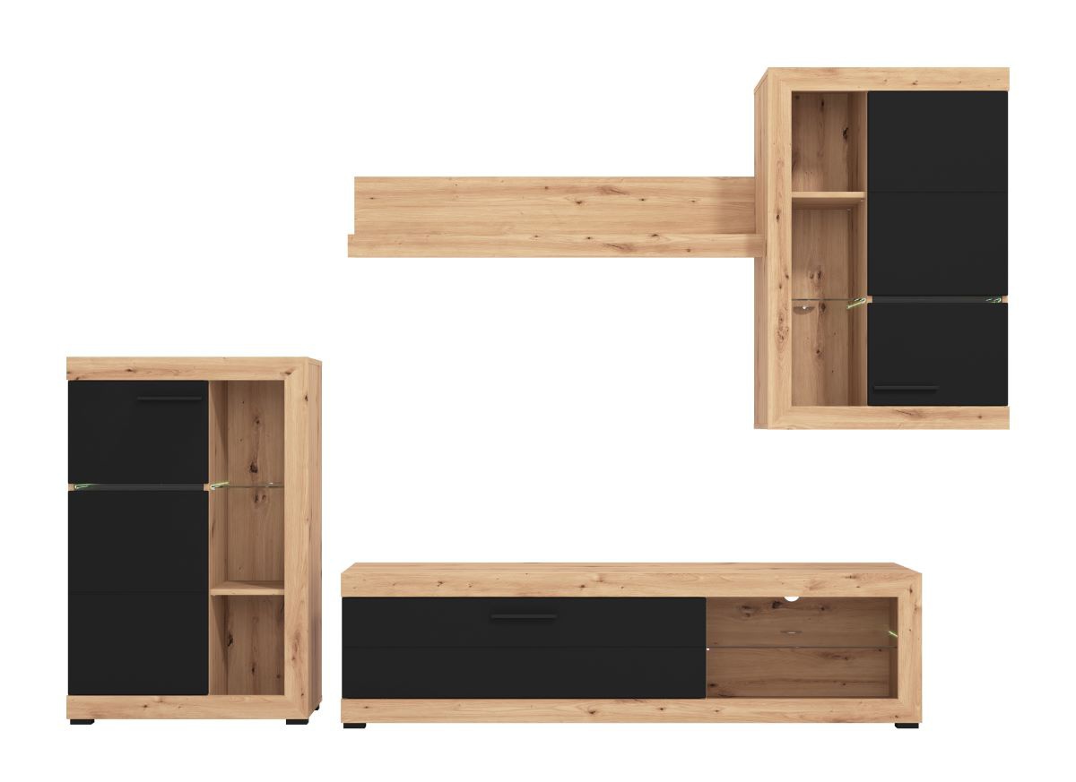 Obývacia stena s osvetlením jonah - čierna/dub artisan.

 

Televízny stolík sa skladá z výklopných dvierok a otvoreného priestoru s presklenou policou.

 

Stena je vyrobená z kvalitného lamina hrúbky 16mm, ktoré poteší nenáročnou údržbou a odolnosťou proti poškodeniu a vlhkosti.

 

Obývaciu stenu Jonah v inom farebnom prevedení nájdete nižšie v súvisiacich produktoch.