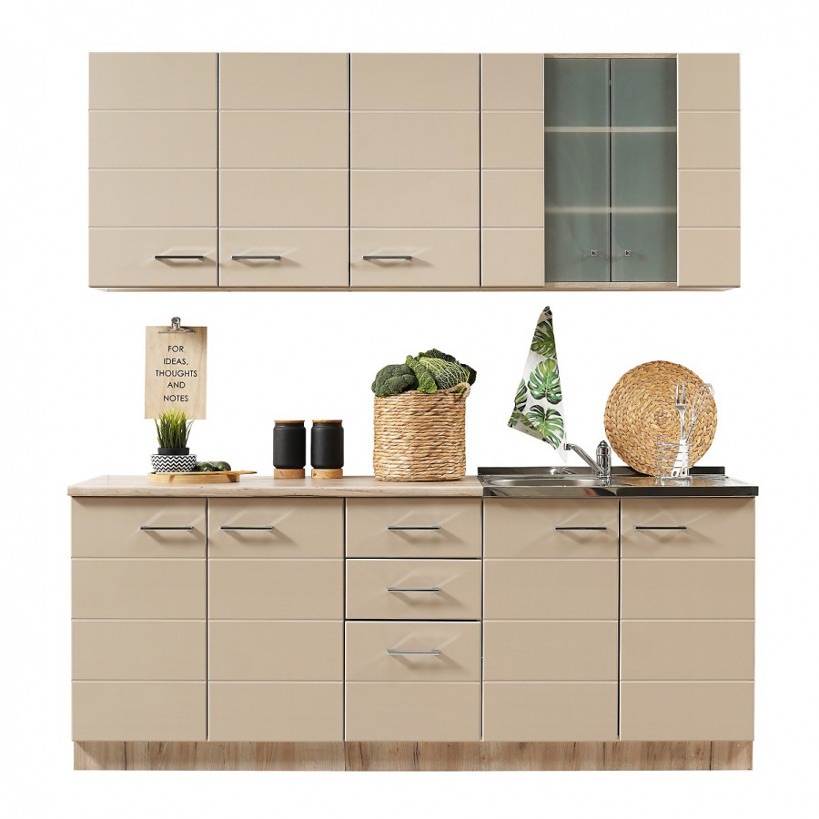 Kuchynská linka 200 kate-béžová/dub šedý - pracovná doska - 120cm.

 

Kuchynská linka Kate ponúka úložný priestor v horných skrinkách s dvierkami, z toho sú dvoje dvierka presklené pieskovaným tvrdeným sklom.

DREZ NIE JE SÚČASŤOU KUCHYNSKEJ LINKY.

 

Ďalší úložný priestor v spodnej linke vytvára 2 skrinky a 2 zásuvky.

Korpus linky je tvorený laminom s hrúbkou 1,6cm, pracovná doska je tvorená taktiež laminom s hrúbkou 2,8cm v dekore duba šedého.

 

 

Rozmery kuchynskej linky 200 Kate bez pracovnej dosky sú 200x214,5x51cm (š, v, h), rozmery s pracovnou doskou sú 200x214,5x60cm (š, v, h).

 

 

Všetky produkty z kolekcie Henry nájdete nižšie v súvisiacich produktoch.