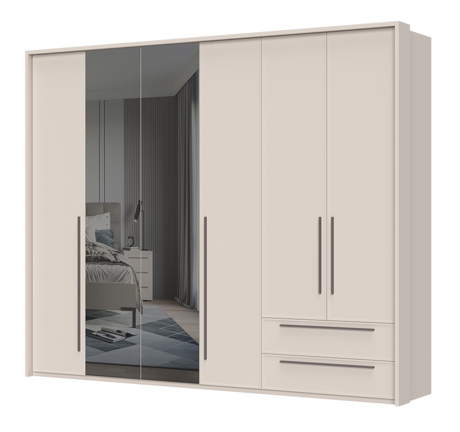 Šesťdverová šatníková skriňa baptiste so zásuvkami a zrkadlom - béžová.


Dizajn a materiály:


	Moderná línia a luxusná kašmírová farba s matným finishom.
	Kombinácia s kávovo hnedými úchytkami dodáva nábytku sofistikovaný vzhľad.
	Vysoko kvalitné materiály zahŕňajú lamino s hrúbkou 18-25 mm a MDF dosku pre čelá dverí a zásuviek.
	Povrch je ošetrený UV lakom, ktorý je až 5x odolnejší ako bežné laky, čo zaručuje dlhú životnosť a odolnosť proti poškodeniu.



Funkčnosť a úložný priestor:


	Skriňa je vybavená dvoma zásuvkami a šiestimi plnými dverami, z ktorých dve majú zrkadlo.
	Vnútorné usporiadanie zahŕňa 7 políc a 3 šatníkové tyče, čo poskytuje dostatok priestoru pre všetky vaše oblečenie.
	Vnútorné priestory sú v textilnom dekore, čo dodáva nábytku ešte väčší nádych luxusu.



Inovatívne prvky:


	Všetky prvky kolekcie sú vybavené soft close systémom, ktorý zaisťuje tiché a pomalé dovieranie dvierok a zásuviek.
	Nastaviteľné nôžky umožňujú ľahké vyrovnanie nábytku aj na nerovnom povrchu.



Možnosti prispôsobenia:


	Skriňa je dostupná v troch variantoch: základná, s rámom a s LED osvetlením, čo vám umožňuje vybrať si podľa vašich preferencií.
	Možnosť dokúpenia širokej škály doplnkov, ako sú LED osvetlenie, police a ďalšie vychytávky, ktoré nájdete v súvisiacich produktoch.



Rozmery:
Rozmery skrine sú 277x226x60 cm (š, v, h), čo ju robí ideálnym riešením pre priestranné usporiadanie vášho šatníka.


Kolekcia Baptiste je synonymom pre komfort a luxus, ktorý si zaslúžite.

 