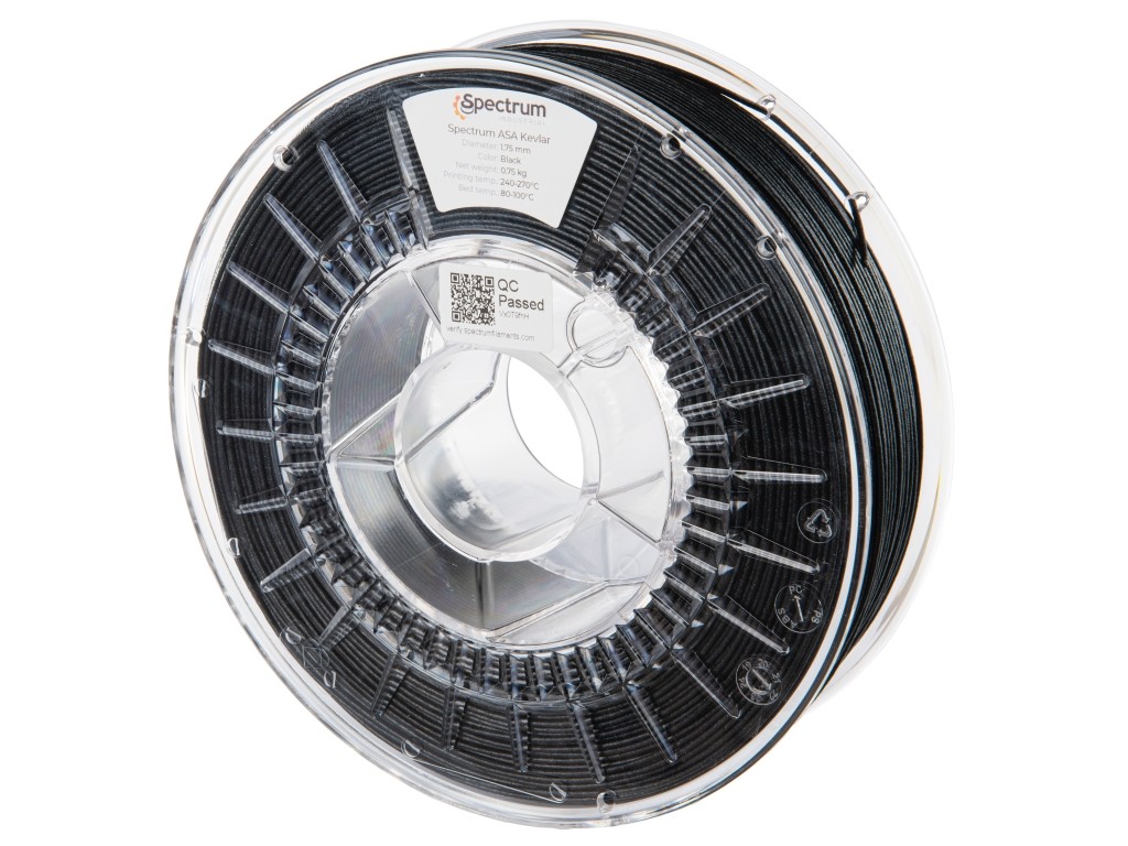 Spectrum 80713 3D filament, ASA Kevlar, 1,75mm, 750g, BLACK.
Vlastnosti materiálu

Tepelná odolnosť HDT – 89 °C
Teplota mäknutia Vicata – 94 °C
Dobrá odolnosť proti starnutiu
Veľmi dobrá odolnosť proti nárazu
Relatívne vysoká chemická odolnosť
Odolnosť proti UV žiareniu
tlačiteľné na stolných tlačiarňach bez vyhrievanej komory
Karbonovo matný tlačový povrch
dokonalá súdržnosť vrstiev



Aplikácie

funkčné prototypy
výrobné nástroje
výroba prípravkov a montážnych nástrojov
výroba komponentov vystavených nárazu
súčiastky vyžadujúce odolnosť voči vonkajšiemu pôsobeniu