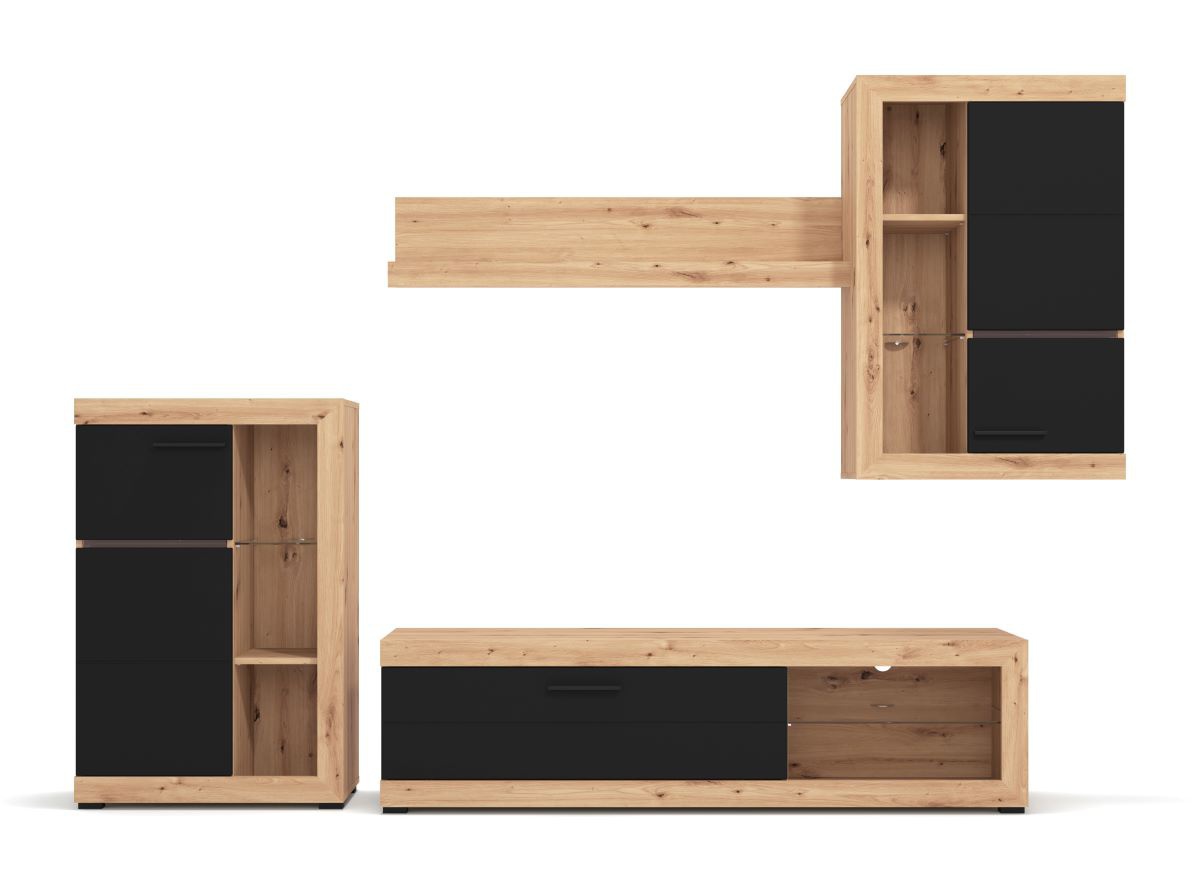 Obývacia stena jonah - čierna/dub artisan.

 

Televízny stolík sa skladá z výklopných dvierok a otvoreného priestoru s presklenou policou.

 

Stena je vyrobená z kvalitného lamina hrúbky 16mm, ktoré poteší nenáročnou údržbou a odolnosťou proti poškodeniu a vlhkosti.

 

Obývaciu stenu Jonah v inom farebnom prevedení nájdete nižšie v súvisiacich produktoch.