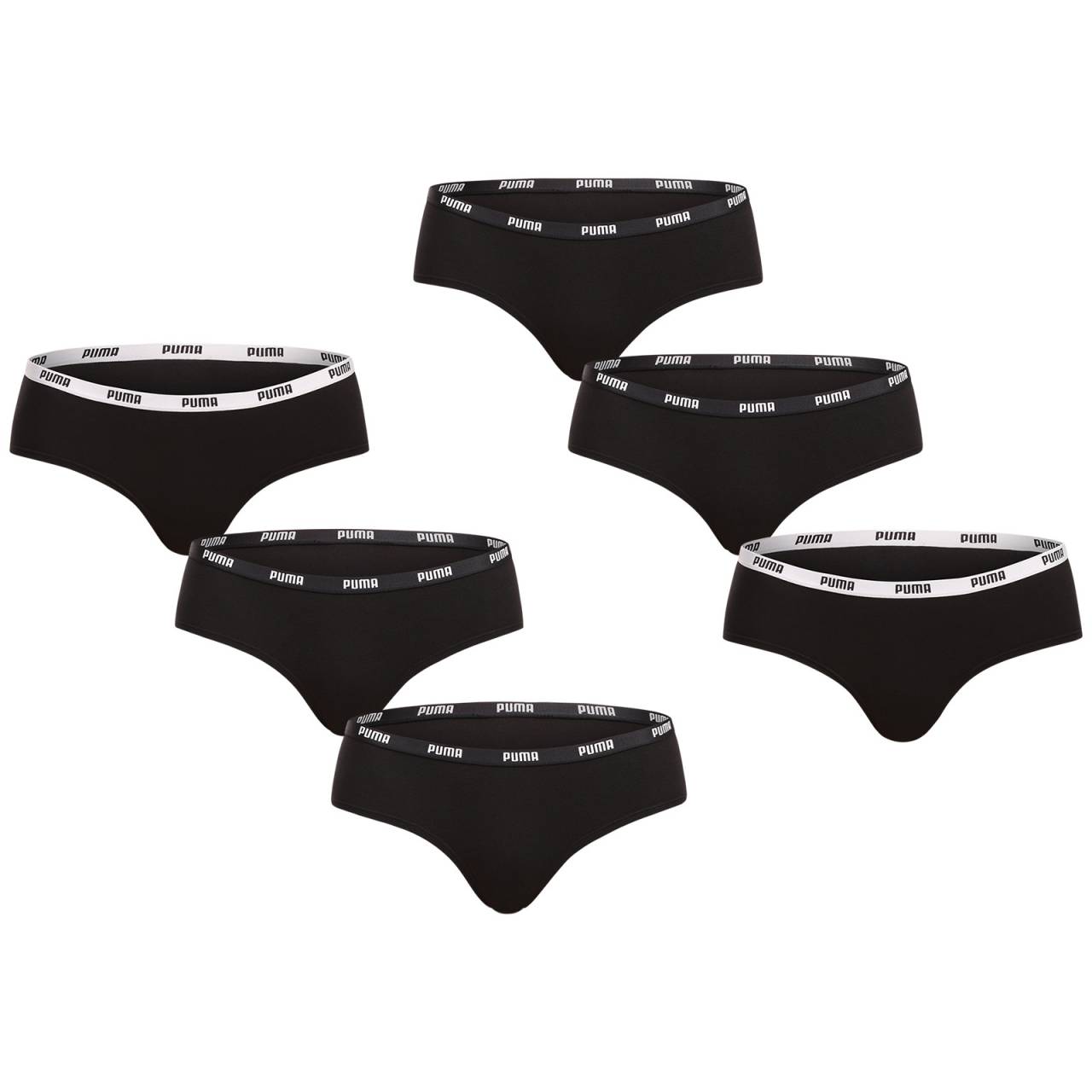 6PACK dámske nohavičky Puma čierne (701218976 001) L.
Zvoľte si pohodlie, ktoré vás bude sprevádzať každý deň.
Materiál, ktorý vás rozmazná
Nohavičky Puma sú vyrobené z vysoko kvalitnej bavlny s prímesou elastanu.
Vďaka tejto kombinácii si užijete maximálne pohodlie bez nepríjemného rezania alebo vyhrňovania.
Praktický a nadčasový dizajn pre modernú ženu
Nohavičky Puma majú jednoduchý, klasický strih s nižším pásom a hladkými okrajmi, takže nie sú viditeľné pod oblečením.
Prečo by ste mali vyskúšať nohavičky Puma

Celodenné pohodlie: Mäkká bavlna s elastanom neobmedzuje pohyb.
Športový a elegantný vzhľad: Diskrétne logo Puma a jednoduchý strih.
Skvelé padnutie: Guma netlačí, ale nohavičky perfektne držia na mieste.
Všestranné použitie: Ideálne na každodenné nosenie, cestovanie a ľahké športové aktivity.

Spodná bielizeň Puma nie je určená len pre športovcov
Značka Puma je známa po celom svete predovšetkým vďaka oblečeniu a spodnej bielizni, ktoré nosia slávni športovci.
Ako sa starať o dámske nohavičky Puma
Aby vám vaše obľúbené nohavičky vydržali čo najdlhšie, odporúčame dodržiavať tieto pokyny na údržbu.

Pranie: Perať pri 30 °C, ideálne na jemný cyklus.
Sušenie: Nesušte v sušičke.
Žehlenie: Nežehlite.

Tip: Vaše obľúbené spodné prádlo si zaslúži šetrné zaobchádzanie.