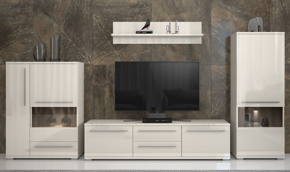 Obývacia stena s osvetlením tiana - béžová.

 

 

Obývacia stena Tiana sa skladá zo strednej vitríny s osvetlením, kombinovanej vitríny s osvetlením, televízneho stolíka o šírke 180cm s dvoma skrinkami a šuplíkmi az dlhej police.

 

Obývacia stena s osvetlením Tiana - béžová sa skladá z týchto prvkov:


	Kombinovaná vitrína s osvetlením Tiana - 90x123x40cm (š, v, h)
	Stredná vitrína s osvetlením Tiana - 60x161x40cm (š, v, h)
	TV stolík 180 Tiana - 180x46x45cm (š, v, h)
	Polica dlhá Tiana - 120x30x21cm (š, v, h)


 


Všetky produkty z kolekcie Tiana nájdete nižšie v súvisiacom tovare.