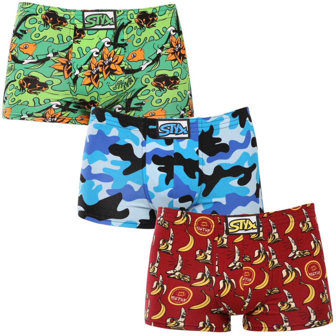 3PACK pánske boxerky Styx art klasická guma viacfarebné (3Q13970) L, trenky.
Hľadáte spodnú bielizeň, ktorá vás odlíši od davu a zároveň vám poskytne maximálne pohodlie?
Prémiový materiál pre dokonalý pocit
Tieto boxerky sú vyrobené zo zmesi bavlny a elastanu, čo zaručuje ideálnu kombináciu pohodlia a elasticity.
Jedinečný dizajn a praktický strih
Boxerky Styx Art majú odvážnu a zábavnú potlač, ktorá vás nenechá chladnými!
Prečo by ste určite mali vyskúšať boxerky Styx

Originálna potlač: Jedinečný dizajn, ktorý nikde inde nenájdete.
Kvalitný materiál: Pohodlná, priedušná a elastická zmes bavlny a elastanu.
Pohodlný strih: Klasická guma pre dokonalé prispôsobenie.
Česká výroba: Precízne spracovanie a vysoká kvalita.

Vysoká kvalita a kvalitné spracovanie, vysoká kvalita a kvalita a vysoká kvalita a kvalitné spracovanie.
Česká značka Styx je medzi zákazníkmi známa najmä vďaka spodnej bielizni s neotrelými vzormi vo výrazných farbách.
Ako sa mám starať o svoje boxerky Styx?
Aby vaše obľúbené boxerky dlho vydržali, odporúčame vám nasledujúce tipy:

Pranie: Odporúčame prať na 30 °C pre zachovanie farieb a kvality materiálu.
Sušenie: Nesuš v sušičke, aby si boxerky udržali pružnosť a pevnosť vlákien.
Žehlenie: Žehliť môžete na nízkej teplote, najlepšie naruby.

Tip: Nájsť ten správny kus spodnej bielizne, ktorý vám dokonale padne, môže byť náročné.