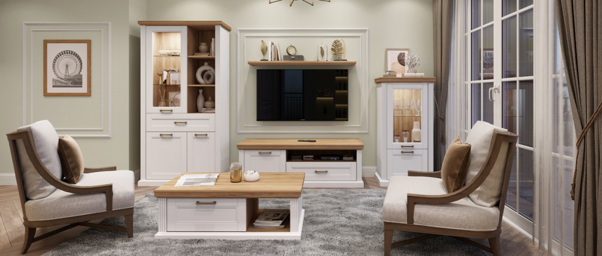 Obývacia izba artis - biela/orech pacific.

 

 

Televízny stolík Artis je vybavený 1 zásuvkou, 1 skrinkou a 1 otvorenou priehradkou.

 

Konferenčný stolík Artis má priestrannú 1 zásuvku a 1 otvorenú priehradku.

 

Nízka vitrína Artis obsahuje 2 skrinky, horná je krytá dvierkami s tvrdeným sklom a spodná plnými dvierkami.

 

Široká vitrína Artis je vybavená 2 skrinkami, 1 otvoreným regálom a 1 zásuvkou.

 

Polica Artis je vyrobená z profilovanej MDF dosky, potiahnutej fóliou v dekore orecha pacific.

 

 

Obývacia izba Artis-biela/orech pacific sa skladá z týchto produktov:


	TV stolík Artis-biela/orech pacific – 151x52x54cm (š,v,h)
	Konferenčný stolík Artis-biela/orech pacific – 110x40x61cm (š,v,h)
	Nízka vitrína Artis-biela/orech pacific – 66x132x48cm (š,v,h)
	Široká vitrína Artis-biela/orech pacific – 101x200x48cm (š,v,h)
	Police Artis-orech pacific – 14x5x19cm (š,v,h)
	2x Osvetlenie pre vitríny – LN-18W


 


Všetky produkty z kolekcie Artis nájdete nižšie v súvisiacich produktoch.