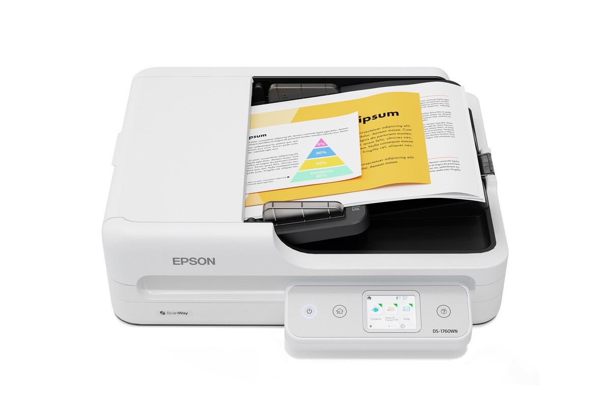 Epson Workforce DS-1760WN B11B274401 skener.
Optické rozlíšenie (ADF): 600 dpi × 600 dpi (horizontálne × vertikálne)
Skenovacie rozlíšenie: 1.200 dpi × 1.200 dpi (horizontálne × vertikálne)
Minimálna veľkosť dokumentu ADF: 89 mm × 127 mm (horizontálne × vertikálne)
Maximálna veľkosť dokumentu ADF: 2.159 mm × 5.588 mm (horizontálne × vertikálne)
Formáty papiera: A4 (21,0 × 29,7 cm), A5 (14,8 × 21,0 cm), A6 (10,5 × 14,8 cm), B5, B6, Letter, Letter Legal
Kategórie: Malé a kompaktné, sieť, bežná kancelária

SkennerZdroj svetla: Technológia ReadyScan LED
LCD displej: Typ – farebný, dotyková obrazovka; uhlopriečka – 6 cm

Rýchlosť skenovaniaČiernobielo: 30 str./min, rozlíšenie 200 / 300 dpi
Farba: 30 str./min, rozlíšenie 200 / 300 dpi
Čiernobielo: 60 obr./min, rozlíšenie 200 / 300 dpi
Farba: 60 obr./min, rozlíšenie 200 / 300 dpi

Spracovanie papiera/médiíKapacita papiera ADF: 60 listov
Gramáž papiera ADF: Automatické podávanie 50 – 120 g/m2
Typ automatického podávača dokumentov: Jednoprůchodové obojstranné skenovanie
Spoľahlivosť dennej kapacity: 3.000 strán
Automatický podávač dokumentov: Voliteľne
Plochý skener – formát dokumentu: A4, A5, A6, B5, B6, Letter, Letter Legal, vizitky, plastové kartyDuplexné skenovanie: ÁnoFunkcia skenovaniaVýstupné formáty: BMP, JPEG, TIFF, multi-TIFF, PDF, prehľadávateľné PDF, zabezpečené PDF, PDF/A, PNG
Vlastnosti kompresie súborov: Hardvérová kompresia JPEG, kompresia TIFF (JPEG(7), CCITT G4, LZW), kompresia PDF, kompresia JPEG
Skenovací objem: 3.000 strán za deň

Možnosti pripojenia riadiacej jednotkyRozhranie: USB 2.0, Ethernet (1000 Base-T / 100-Base TX / 10-Base-T), Wi-Fi Direct, hostiteľ USB, podpora Wi-Fi 802.11k/v/r

Všeobecné informácieNapájanie: AC 220 V – 240 V
Rozmery: 425 × 374 × 135 mm (šírka × hĺbka × výška)
Hmotnosť: 4,94 kg
Ovládače: TWAIN, ISIS, Epson Scan2 (TWAIN), SANE (Linux), WIA (Windows)
Obsiahnutý softvér: Document Capture Pro, Epson Device Admin (správca zariadení Epson), Epson Document Capture (iba Mac), Epson SmartPanel
Kompatibilné operačné systémy: macOS 10.15 a novšie, Windows 7, 8, 8.1, 10, 11, Windows Server 2008 (32/64bit), 2012 (64bit), 2016, 2022

Prevádzkové podmienkyVlhkosť vzduchu: Prevádzka 15 % – 60 %, skladovanie 15 % – 85 %
Teplota: Skladovanie -25 °C až 60 °C

Obsah dodávkyHlavné zariadenie, napájací kábel, sprievodca rýchlou inštaláciou, USB kábel, záručný list
