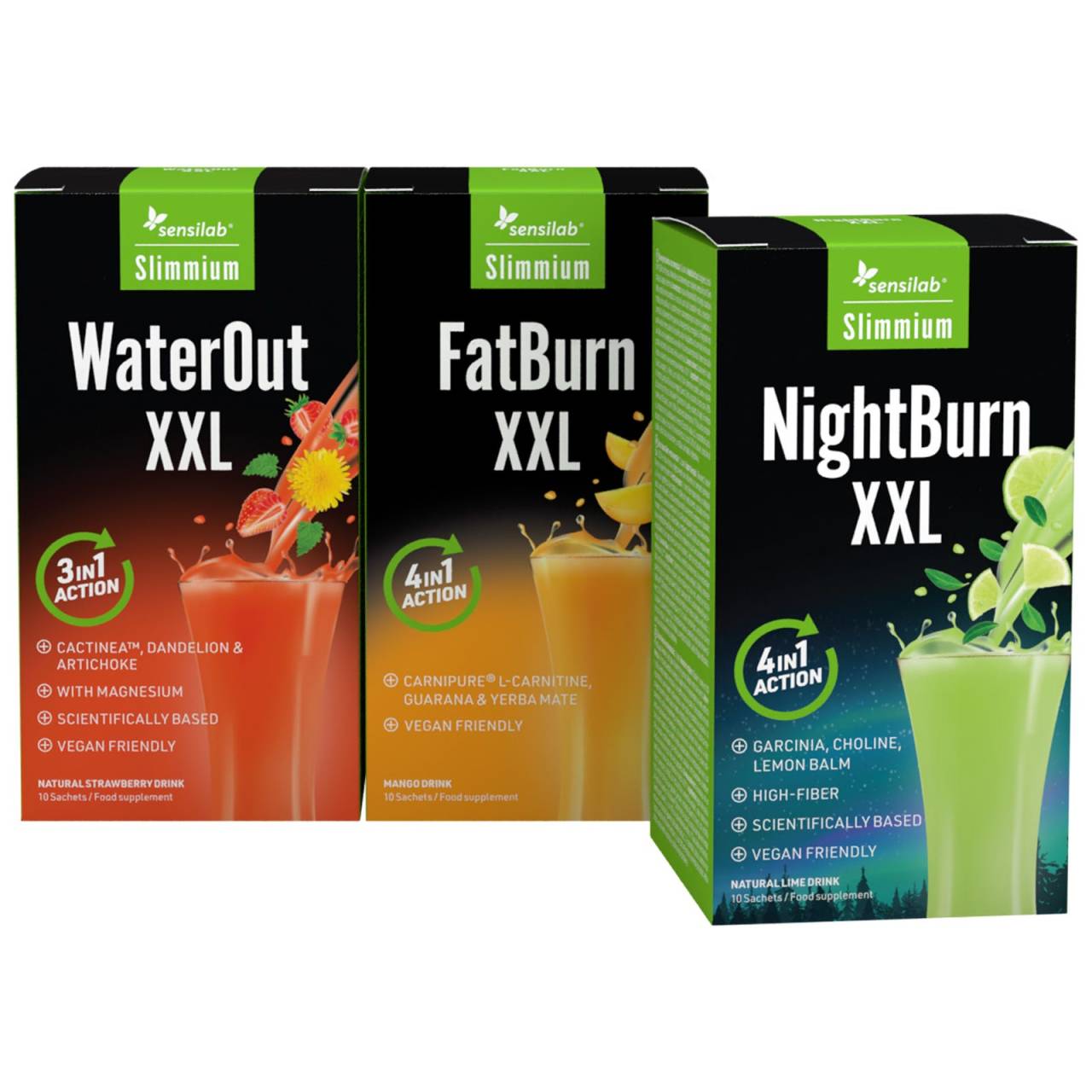 Trío Adelgazamiento de última hora [Paquete de 10 días] - Los 3 mejores productos para adelgazar: WaterOut, FatBurn y NightBurn | SlimJoy.