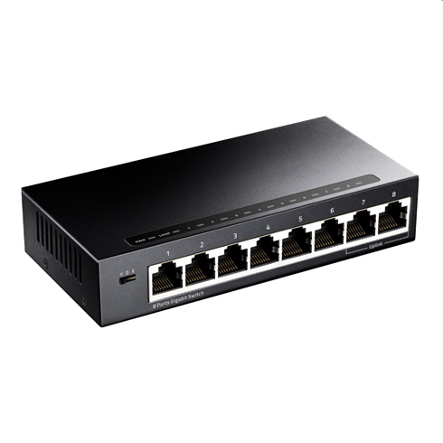 Cudy 8-Port Gigabit Metal Switch, 8 10/100/1000M RJ45 Ports, Desktop Metal Case, Power Saving, Plug & Play.

- Complies with IEEE 802.3, IEEE 802.3u, IEEE802.3x and IEEE 802.3ab standards
- 8 10/100/1000Mbps Auto-Negotiation, Auto-MDI/MDIX ports provide smart switching between 10Mbps, 100Mbps and 1000Mbps hardware
- Non-blocking switching architecture enables full wire-speed packets forwarding and filtering
- Store-and-Forward switching method
- Supports 16K MAC address auto-learning & auto-aging

Specifications

Standard configurati on 8 10/100/1000M RJ-45 adaptive ports
Switching Capacity 16Gbps
Throughput 11.9Mpps
Packet Buffer 2.5M
MAC Address 1K
Jumbo Frame 2K
Transfer Mode Store and forward
MTBF 100000 hour

Network protocol 
IEEE802.3 (10Base-T)
IEEE802.3u (100Base-TX)
IEEE802.3ab (1000Base-TX)
IEEE802.3x (Flow control)

Industry Standard 
EMI: FCC Part 15 CISPR (EN55032) class A
EMS: EN61000-4-2 (ESD)?EN61000-4-4 (EFT)
Shock: IEC 60068-2-27
Free Fall: IEC 60068-2-32
Vibration: IEC 60068-2-6 

Network Medium 
10Base-T : Cat3,4,5 or above UTP(?100m)
100Base-TX : Cat5  or above UTP(?100m)
1000Base-TX : Cat5 or aboveUTP(?100m)

Working Environment 
Working Temperature:-10~50°C
Storage Temperature:-40~70°C
Working Humidity :10%~90%,non-condensing
Storage Temperature:5%~90%,non-condensing
Working Height:Maximum10,000 feet
Storage heigh:Maximum 10,000 feet

LED Indicators PWR(Power indicator)?Link(Network Link)?LOOP(Loop alarm)

DIP Switch 
VLAN:Port Isolation, 1-6 ports are isolated each other, all communicate with uplink port 7/8;
Default:Default mode, Support loop alarm;
Extend:Monitor Mode, 1-6 ports support 100M speed reduction negotiation, support 250 meters in 10Mbps/s mode,  port 7 and port 8 as uplink port

Structure Size 
Product Size:137*77*25mm
Package Size:175*120*63mm
Product Net-Weight:0.3kg
Product Gross-Weight:0.5kg

Power Voltage 
Power Input Voltage :AC 100-240 V
Switch Input Voltage::DC 5V