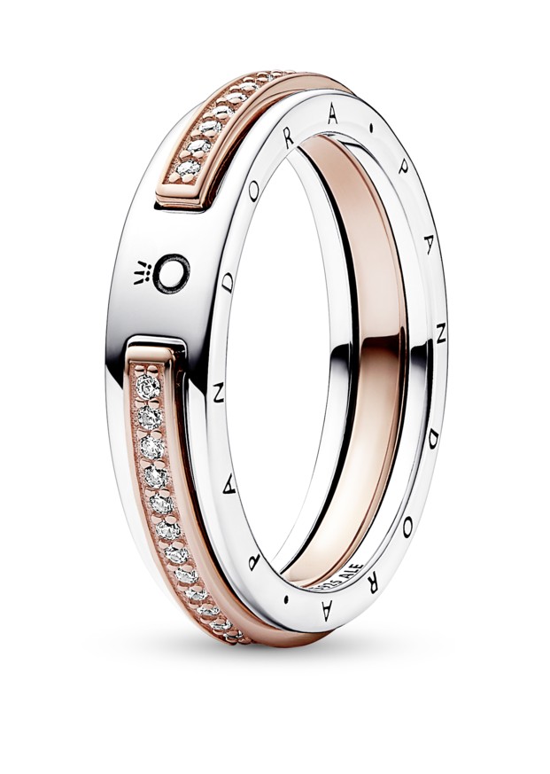 Pandora Originálny bicolor prsteň so zirkónmi Signature Logo 182773C01 58 mm.