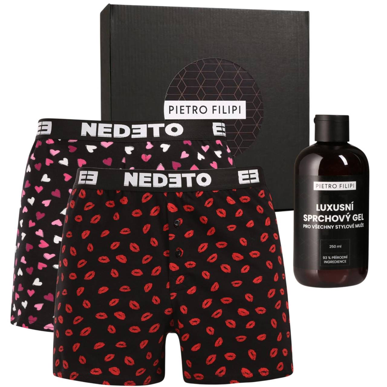 Pánska darčeková sada 2PACK trenírky Nedeto a sprchový gel Pietro Filipi (3NPGP1L) XL.
Ukážte svojmu milovanému, že vám na ňom záleží!
Čo obsahuje darčeková sada Pietro Filipi

2 páry štýlových trenírok na Valentína Nedeto
1 balenie sprchového gélu Pietro Filipi s ošetrujúcim zložením

Trenírky na Valentína Nedeto – pre lásku, štýl a pohodlie
Trenky Nedeto, naša vlastná značka, vás na prvý pohľad upútajú – jeden pár je zdobený ružovými srdiečkami, druhý je posiaty červenými bozkami.
Výživný sprchový gél na starostlivosť o vašu pokožku
Sprchový gél Pietro Filipi má jemné zloženie, ktoré nevysušuje pokožku, ale ju zanecháva jemnú a s sviežou, nenápadnou vôňou.
Zloženie:
Aqua, Ammonium Lauryl Sulfate, kokamidopropylbetain, disodný kokoylglutamát, glycerín, fenoxyetanol, chlorid sodný, parfum, trietylénglykol, laktát sodný, sodný PCA, limonén, linalool, hexylcinnamál, fruktóza, glycín, inozitol, kyselina mliečna, niacinamid, močovina, extrakt z plodov/listov Tasmannia Lanceolata, benzoát sodný
Prečo stojí táto darčeková sada za hriech?

Valentínsky štýl s vtipom a srdcom. Trenky Nedeto s hravým motívom srdiečok a bozkov potešia každého muža s zmyslom pre humor a štýl.
Kozmetika pre skutočných mužov.
Elegantné balenie.

Nový začiatok pre Pietro Filipi
Značka Pietro Filipi je na českom trhu už mnoho rokov a je známa najmä svojím moderným oblečením pre biznis a voľný čas.
Ako sa starať o trenky Nedeto Valentine's Day

Pranie: Trenky odporúčame prať na 30 °C.
Sušenie: Nesušte v sušičke.
Žehlenie: Trenky môžete žehliť na nižšej teplote, ideálne naruby, aby nedošlo k poškodeniu potlače a elastanu.

 Potěšte ho darčekom, ktorý je štýlový, praktický a bude mu prinášať radosť každý deň.