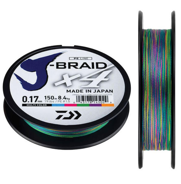 Daiwa splietaná šnúra j-braid multi color 300 m-priemer  0,28 mm / nosnosť 26,5 kg.
 
  
 Pletená z 8 vlasov
 okrúhla
 Vysoká sila v napätí
 povrchová úprava
 Vysoká sila v uzle
 bez prieťahu
 Made in Japan