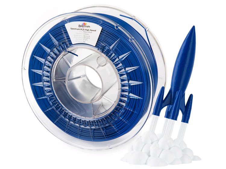 Spectrum 81064 3D filament, PLA High Speed, 1,75mm, 1000g, modrý (Navy blue).
Vlastnosti materiálu

vysoký prietok umožňujúci rýchlu tlač až 600 mm/s
vyrobené z plne biologicky odbúrateľných surovín
dobré mechanické vlastnosti (vysoká tvrdosť a pevnosť v ťahu)
vysoká estetika konečného tlačového povrchu
materiál vhodný pre vytváranie dielov s vysokým rozlíšením
vysoká tuhosť tlačených predmetov
žiadne zmrštenie po ochladení
široká škála dostupných farieb
teplota tepelnej deformácie – 60°C



Aplikácie

prototypovanie
koncepčné modely
vizualizácia hotových výrobkov a polotovarov
priemyselný dizajn
vzdelávacie projekty
interiérový dizajn