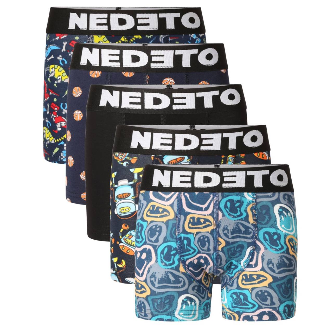 5PACK detské boxerky Nedeto viacfarebné (5NBDV3) 6-8 let, trenky.
Dopraj svojmu dieťaťu pohodlie a štýl, ktoré si zaslúži.
Pohodlný materiál na každý deň
Bavlna a elastan – to je overená kombinácia, ktorá zaručuje maximálne pohodlie.
Veselé motívy, ktoré si deti zamilujú
Každé balenie prináša mix zábavných a farebných potlačí.
Na aké príležitosti sú ideálne?
Detské boxerky Nedeto sú ako stvorené na:


každodenné nosenie do školy alebo škôlky,


športové aktivity (napr.


domáce leňošenie aj pobehovanie vonku,


cestovanie a prespávanie u kamarátov.


Ako sa starať o detské boxerky Nedeto:

Pranie: Per boxerky naruby pri maximálnej teplote 30 °C.
Sušenie: Nesuš boxerky v sušičke. Vysoké teploty môžu poškodiť elastické vlákna a skrátiť životnosť prádla.
Žehlenie: Žehlenie zvyčajne nie je potrebné.
