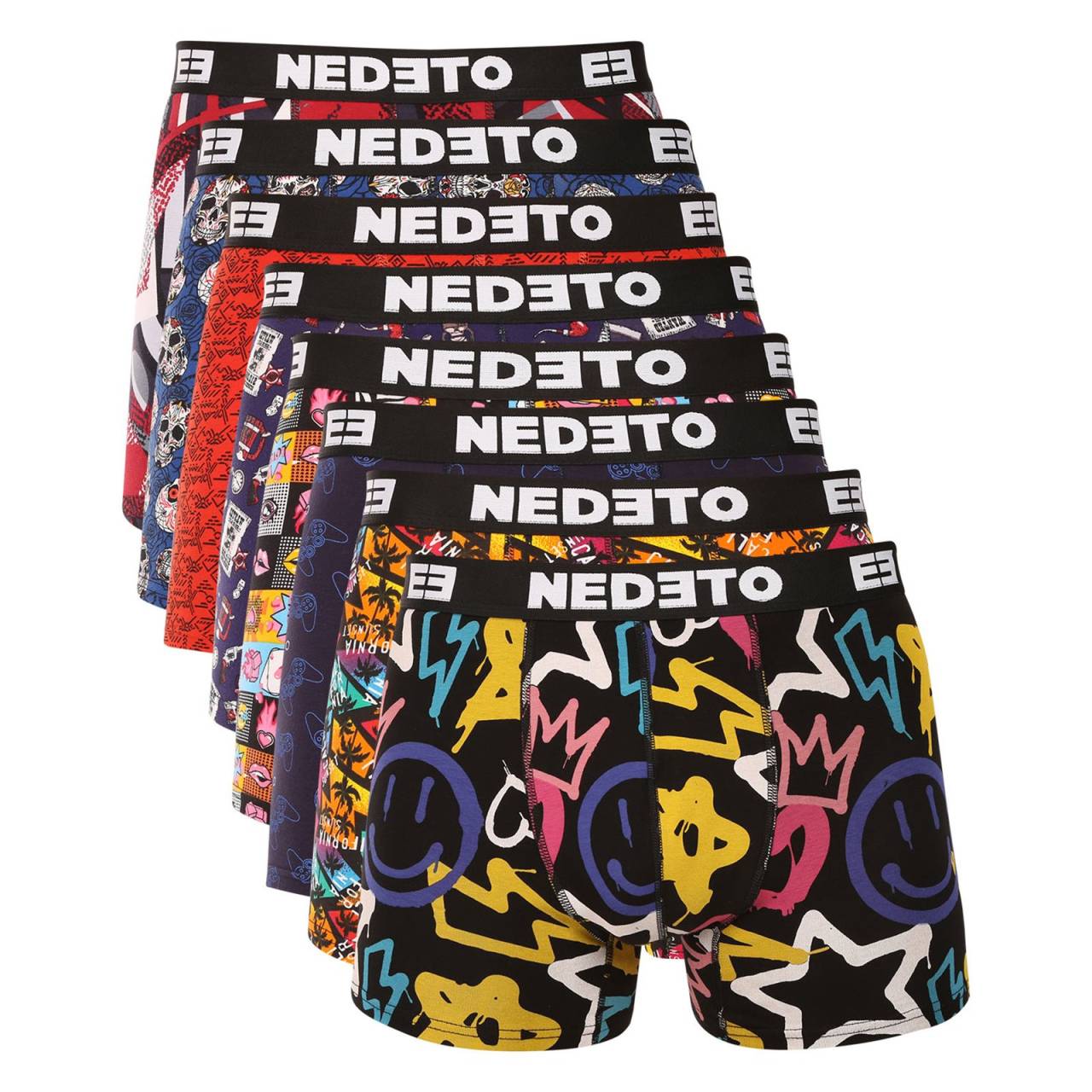 8PACK pánske boxerky Nedeto viacfarebné (8NBV3) S, trenky.
Zbavte sa nudy a pridajte do svojho šatníka zdravú dávku štýlu a originality!
Pohodlný materiál pre ideálne pohodlie
Boxerky sú vyrobené z mäkkého a priedušného materiálu z bavlny s prímesou elastanu, vďaka čomu sa prispôsobia vášmu telu bez toho, aby vás akokoľvek obmedzovali.
Výrazný dizajn, ktorý vás pobaví
Zábavný potlač vytvára svieži a veselý vzhľad, ktorý vám zaručene zdvihne náladu.
Prečo vyskúšať boxerky Nedeto

Naša značka Nedeto: Kvalita, ktorú sami garantujeme a testujeme.
Originálny dizajn: Hravý štýl, ktorý vás rozosmeje.
Pohodlný materiál a strih: Vhodné na každodenné nosenie, relax a voľný čas.

Česká značka Nedeto ponúka kvalitné spodné prádlo za skvelú cenu
Nielenže predávame spodné prádlo Nedeto, ale tiež stojíme za jeho výrobou.
Ako sa starať o boxerky Nedeto
Aby vaše obľúbené boxerky dlho vyzerali ako nové, odporúčame dodržiavať tieto pokyny na údržbu.

Pranie: Boxerky perte na 30 °C, najlepšie naruby.
Sušenie: Nesušte v sušičke.
Žehlenie: Áno, boxerky môžete žehliť na nízkej teplote, ideálne naruby, aby nedošlo k poškodeniu vzoru a elastických vlákien.

Tip: Staňte sa odborníkom na starostlivosť o spodnú bielizeň vďaka tipom v našom článku a poskytnite svojim obľúbeným kúskom starostlivosť, ktorú si zaslúžia.