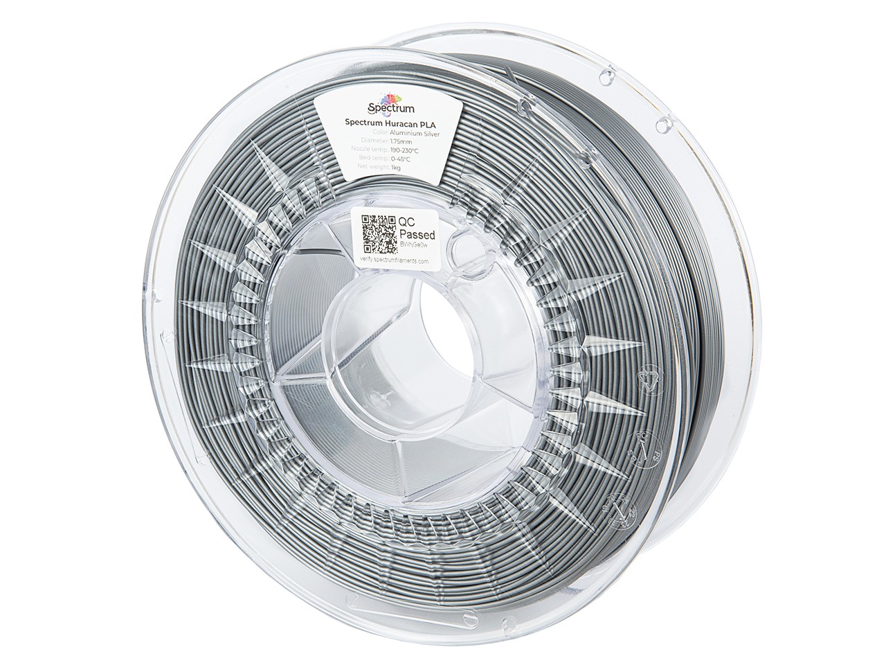 Spectrum 80918 3D filament, Huracan PLA, 1,75mm, 1000g, Strieborný (Aluminium silver).
Vlastnosti materiálu

vysoký prietok pre rýchlu tlač (až 350 mm/s)
jednoduchá tlač
možnosť zapekania pre zvýšenie mechanickej a tepelnej pevnosti
vysoká odolnosť porovnateľná s výtlačkami z ABS
zvýšená teplotná odolnosť po tepelnom spracovaní (až 80 °C)



Aplikácie

vzdelávacie projekty
vytváranie prototypov
vizualizácia hotových výrobkov a polotovarov
priemyselný dizajn,
funkčné nástroje
koncepčné modely