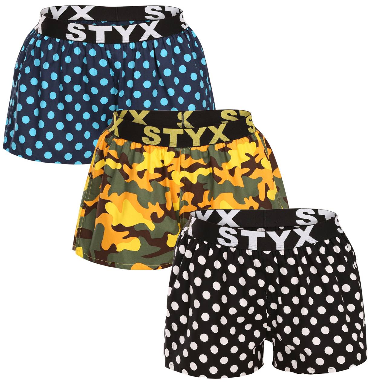 3PACK dámske trenky Styx art športová guma viacfarebné (3T15901) L, trenírky.
Hľadáte pohodlné a štýlové šortky, ktoré vám určite zlepšia náladu?
Kvalitný materiál na každodenné nosenie
Dámske šortky Styx Art sú vyrobené zo 100 % bavlny.
Veselý dizajn a pohodlný strih
Dámske šortky Styx sú dokonale funkčné a štýlové.
Prečo si zamilujete dámske šortky Styx?

100 % bavlna: Priedušné, mäkké a príjemné na dotyk.
Veselý dizajn: Originálne a hravé vzory v žiarivých farbách rozžiaria váš deň.
Voľný strih pre maximálne pohodlie: Ideálne na spanie a na doma.
Vytkávaná guma v páse: Netlačí a dobre sedí.
Vyrobené v Českej republike: Česká kvalita a precízne spracovanie.

Spodná bielizeň Styx je jednou z najobľúbenejších
Česká značka Styx je medzi zákazníkmi známa najmä vďaka svojej spodnej bielizni s neotrelými vzormi vo výrazných farbách.
Ako sa starať o svoje obľúbené šortky Styx?
Aby vaše nové šortky vydržali dlho v perfektnom stave, odporúčame dodržiavať tieto tipy.

Pranie: Odporúčané na 30 °C, aby sa zachovala mäkkosť a kvalita potlače.
Sušenie: Sušenie v bubnovej sušičke: Nie je vhodné sušiť v bubnovej sušičke, uprednostnite sušenie na vzduchu.
Žehlenie: Áno, pri nižšej teplote (odporúčame žehliť naruby).

Tip: Nájsť ten správny kus spodnej bielizne, ktorý vám dokonale padne, môže byť náročné.