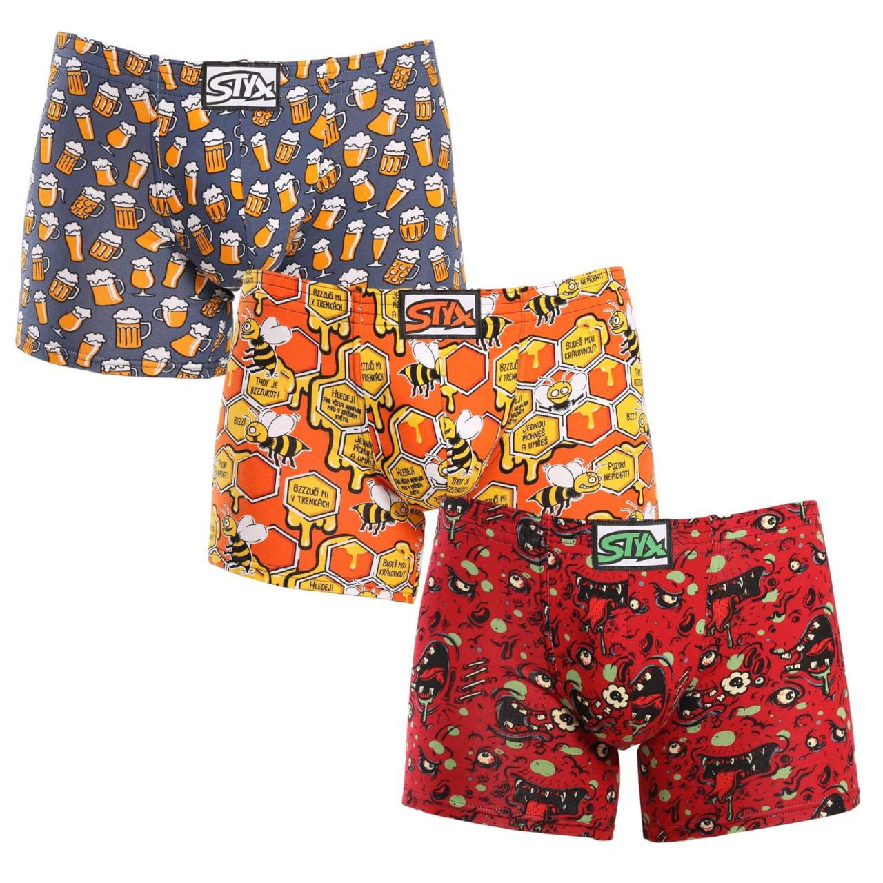 3PACK pánske boxerky Styx long art klasická guma viacfarebné (3F13714) L, trenky.
Hľadáte spodnú bielizeň, ktorá spája pohodlie, originalitu a kvalitné spracovanie?
Kvalitný materiál pre maximálne pohodlie
Boxerky Styx sú vyrobené z kvalitnej bavlny s prímesou elastanu, takže sú priedušné, ľahké a príjemné na dotyk.
Štýlový dizajn a moderný strih
Priliehavý strih robí boxerky Styx ideálnym kúskom na bežné nosenie aj športové aktivity.
Prečo si boxerky Styx zaručene obľúbite?

Kvalitný materiál pre vaše pohodlie: Priedušný a príjemný materiál.
Česká kvalita: Boxerky sú kompletne vyrobené v Českej republike.
Príjemný strih pre maximálne pohodlie: Ideálne na každodenné nosenie aj relax.
Štýlové vzory: Žiadna nuda v zásuvke, ale pořádná dávka originality a štýlu.

 
Česká značka Styx ponúka zábavu aj prvotriednu kvalitu
Spodná bielizeň Styx si obľúbia najmä tí, pre ktorých je dôležitá originalita v každej situácii.
Ako sa o ne starať?
Aby vám boxerky vydržali čo najdlhšie ako nové, odporúčame dodržiavať nasledujúce pokyny.

Pranie: Perte v práčke na 30 °C, aby si materiál zachoval svoju jemnosť.
Sušička: Boxerky nie je vhodné sušiť v sušičke, radšej ich nechajte voľne uschnúť na vzduchu.
Žehlenie: Bielizeň môžete žehliť na strednej teplote, aby sa materiál nepoškodil.

 
Tip: Staňte sa odborníkom na údržbu spodnej bielizne vďaka tipom v našom článku a doprajte svojim obľúbeným kúskom starostlivosť, ktorú si zaslúžia.