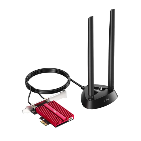 Cudy AX3000 Wi-Fi 6 PCI Express Adapter.

- AX3000 Dual Band WiFi 6 PCIe Network Adapter
- Dual Band 2402Mbps + 574Mbps WiFi Speed
- Bluetooth 5.0/4.2/4.0
- Magnetized Antenna Base with 1.5m RF Cable
- Intel WiFi 6 chipset AX200 Inside
- 802.11ax/ac/a/b/g/n


Specifications
Chipset Intel AX200NGW
Antenna External 2x5dBi Antenna
Drive Free Not Support
Physical Interface PCIE-X1 
USB Not Support
Wireless Frequency
2.412-2.472GHz:574Mbps 
5.180-5.825GHz:2400Mbps 
Bluetooth Bluetooth 5.0
Wireless Standard IEEE802.11ax / ac/ a/ b/ g /n
Compatible Card Slot PCIE-16X/PCIE-4X/PCIE-8X/PCIE-1X;  Graphics slot
Transmit Power WiFi: 19.5 dBm(max)
BT:10 dBm
Scope of Application Desktop PC,Except Mac
Web Environment Gigabit and above networks
Product Size Size: 72*46mm;  Antenna Size: 94.5*221.5mm
Support OS Windows10 (64bit)

Working Environment
Working Temperature: 0 C~40 C
Storage Temperature: -40 C~70 C
Working Humidity: 10%~90%RH Non-condensing
Storage Humidity: 5%~90%RH Non-condensing