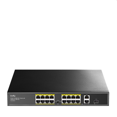 Cudy 16-Port 10/100M PoE+ Switch with 1Gigabit Uplink and 1 Gigabit Combo SFP Port 200W.

- 200 watts PoE power supply, up to 30 watts per port
- 2 10/100/1000M uplink ports +1 SFP Port
- 16 10/100M PoE+ ports
- CCTV mode support remote PoE feeding up to 250m
- VLAN mode isolate each PoE Ports for security
- IEEE 802.3at / IEEE 802.3af standard compliant
- Plug&play, simple setup with no configuration needed
- Watchdog reactivates the abnormalPD by resuming POE power

Specifcations:
Power
Power Supply Built-in power supply
Voltage Range AC100~240V
Consumption 190W for 16 PoE

Ethernet Speed
1~16 Port: 10/100/Mbps
G1(combo):10/100/1000Mbps & 1.25bps
G2:10/100/1000Mbps

Transmission Distance
100Meter(328ft)for RJ-45
The distance is determined by the optical module
The optical module is optional

Network Switch
Ethenet Standard IEEE 802.3 802.3u 802.3ab 802.3af/at
Switching Capacity 7.2G
Transfer Rate 14880 pps for 10Mbps
148800 pps for 100Mbps
1488000 pps for 1000Mbps
MAC Adsress 4K MAC sddress table 

Environment
Working Temperature  0~40°C
Storage Temperature -40~70°C
Humidity Non Condesing 0~85%
Mechanical Dimension L*W*H 280*180*44mm
Color Gray