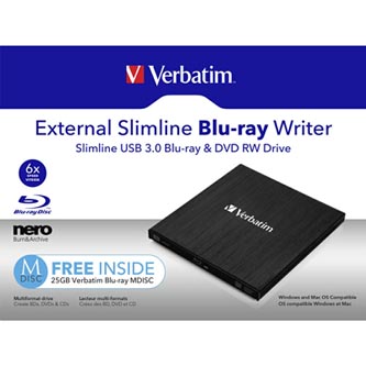 Verbatim externí Blu-Ray vypalovačka, 43890, technologie MDISC (tm).

* Kompaktní a lehká externí Blu-ray vypalovačka
* Tenká konstrukce s hliníkovým pouzdrem
* Ideální pro použití s notebookem nebo ultrabookem
* Napájení z portu USB – pomocí USB kabelu ve tvaru Y nebo externího napájecího zdroje
* Součástí je software Nero Burn & Archive* – jednoduše vytvářejte vlastní archivy na Blu-ray, DVD nebo CD
* Plně odpovídá standardům archivační technologie MDISC™
* Uloží až 100 GB na disk BDXL / 8,5 GB na dvojvrstvé DVD / až 4,7 GB na standardní DVD

Blu-ray disky se rychle dostávají do povědomí jako nejlepší produkty pro archivaci cenných dat, a to díky jejich formátu použitelnému i v budoucnosti, široké kompatibilitě, vysoké kapacitě a velmi dlouhé životnosti ve srovnání s pevnými disky a magnetickými páskami.

Pokud vlastníte notebook, ultrabook, netbook či jiné zařízení bez Blu-ray vypalovačky, je toto malé zařízení přesně to, co potřebujete.

Externí Blu-ray Slimline vypalovačka Verbatim je napájena z portu USB, takže nepotřebujete žádný napájecí adaptér.

K jednotce dostanete i software Nero Burn and Archive*, jehož součástí je řada speciálních funkcí a technologií jako DiscSpan, MediaHome a SecureDisc, které dokáží úspěšně pomoci při organizaci, vypalování a archivaci důležitých souborů.