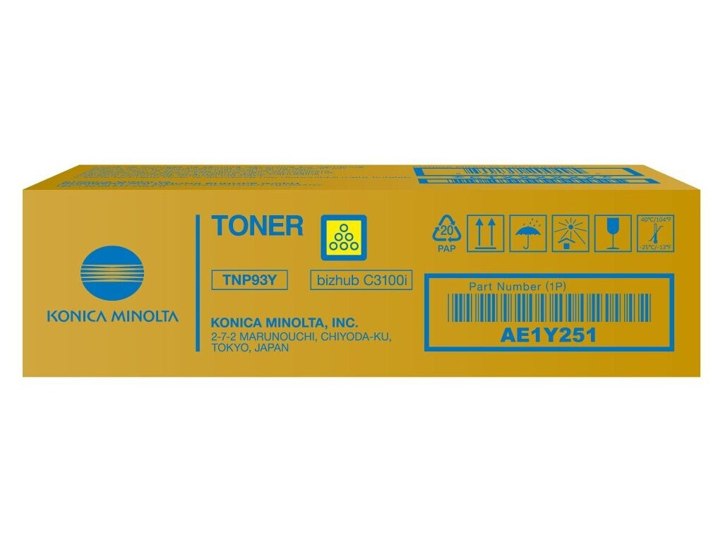 Konica Minolta TNP-93Y AE1Y251 žltý (yellow) originálny toner.
   Originálny toner = záruka priamo od výrobcu tlačiarne 100% použitie v tlačiarni - bezproblémové fungovanie s vašou tlačiarňou Použitím originálnej náplne predlžujete životnosť tlačiarne Osvedčená špičková kvalita - vysokokvalitná a spoľahlivá tlač originálnou tlačovou kazetou od prvej do poslednej stránky Trvalé a profesionálne výsledky tlače - dlhodobá udržateľnosť tlače Kratšie zdržanie pri tlači stránok Garancia Vašej spokojnosti pri použití našej originálnej náplne Zabezpečujeme bezplatnú recykláciu originálnych náplní Zlyhanie náplne v menej ako 1% prípadov Jednoduchá a rýchla výmena náplne  Kód výrobcu: AE1Y251