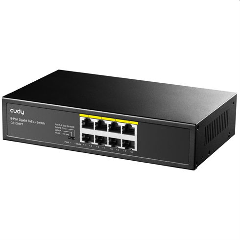 Cudy 8-Port Gigabit PoE+ Switch 120W.

- 120 watts PoE power supply, port #1 maximum 60 watts
- 8 10/100/1000M PoE+/PoE+ ports
- Extend mode support remote PoE feeding up to 250m
- VLAN mode isolate each PoE Ports for security
- Watchdog reactivates the abnormalPD by resuming POE power
- IEEE 802.3at / IEEE 802.3af standard compliant
- Plug&play, simple setup with no configuration needed

Specifications
Power Input: AC 100-240V, 50/60Hz
Ethernet 8 *10/100/1000M PoE Port
Switching Capacity 16Gbps
Throughput 11.9Mpps
Packet Buffer 1.5Mb
MAC Address 2K
Jumbo Frame 9216bytes
Transfer Mode Store and forward
MTBF 100000 hour

Network protocol 
IEEE802.3 (10Base-T)
IEEE802.3u (100Base-TX)
IEEE802.3ab (1000Base-TX)
IEEE802.3x (Flow control)

PoE Protocol 
IEEE802.3af (15.4W)
IEEE802.3at (30W)
IEEE802.3at (4 Pair 60W)

Industry Standard 
EMI: FCC Part 15 CISPR (EN55032) class A
EMS: EN61000-4-2 (ESD)?EN61000-4-4 (EFT)?EN61000-4-5 (Surge)
Shock: IEC 60068-2-27
Free Fall: IEC 60068-2-32
Vibration: IEC 60068-2-6 

Network Medium 
10Base-T : Cat3,4,5 or above UTP(100m)
100Base-TX : Cat5 or above UTP(100m)
1000Base-TX : Cat5e or above UTP(100m)

Working Environment 
Working Temperature:-20~50°C
Storage Temperature:-40~85°C
Working Humidity :10%~90%,non-condensing
Storage Temperature:5%~90%,non-condensing
Working Height:Maximum10,000 feet
Storage heigh:Maximum 10,000 feet

DIP Switch 
VLAN:Port Isolation, 1-6 port is isolated each other, but all can communicate with uplink port 7/8, AI enable
Default: Normal mode, all port can communicate with each other, The port AI mode is closed.
Extend:Extend Mode, 3-6 port support 250 meters transmission on 10Mbps/s ,AI enable

Product Dimension 200mm*118mm*44mm
Package Dimension 245mm*190mm*60mm
N.W 0.6kg
G.W 0.9kg

Input Voltage :AC 100-240 V
Power supply:52V2.3A