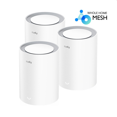 Cudy AX1800 Mesh Wi-Fi 6 Solution 3-Pack,  Chipset MT7621A +MT7905DAN +MT7975DN.

- AX1800 Mesh Wi-Fi 6 Solution
- 1201Mbps on 5GHz and 574Mbps on 2.4GHz
- Seamless Roaming, Whole Home Coverage
- 2 Gigabit Ethernet Ports+ 4 Internal Antennas
- MU-MIMO, Beamforming, IPv6
- PPTP/L2TP VPN clients and DDNS Support

Specifications

Hardware Features
Processor Dual-Core Processors
Flash 256Mbit (32MB)
DDR 2Gbit (256MB)
Antenna
4× Internal Omni-Directional Antennas
Interface
1× 1000/100/10 Mbps WAN Port
1× 1000/100/10 Mbps LAN Ports
Button Pair Button, Reset Button
External Power Supply 12 V / 1.5 A

Wireless Features
Wireless Standards IEEE 802.11ax/ac/n/a 5 GHz
IEEE 802.11ax/n/b/g 2.4 GHz
Frequency 5 GHz, 2.4 GHz
Signal Rate
1201 Mbps (5 GHz), 574 Mbps (2.4 GHz)
Compatible with 802.11a/b/g/n/ac/ax Wi-Fi standards
Transmit Power
CE: <20dBm(2.4 GHz), <23dBm(5.15 GHz~5.25 GHz)
FCC:<30dBm(2.4 GHz & 5.15 GHz~5.825 GHz)
Wireless Modes
Enable/Disable Wireless Radio, WMM
WEP, WPA/WPA2, 
Wireless Functions
WPA-PSK/WPA2-PSK,WPA3

Software Features
WAN Type Dynamic IP/Static IP/PPPoE
Management
Parental Control
Guest Network
DHCP Server, DHCP Client List, Address Reservation
Dynamic DNS Compatible with 15 more DDNS providers
Guest Network
2.4 GHz guest network × 1
5 GHz guest network × 1
NAT Port Forwarding, Port Triggering, UPnP, DMZ
VPN Client PPTP/L2TP/OpenVPN/WireGuard

Others
Package Contents 2-Pack AX1800 Wi-Fi6 Mesh Router
Power Adapter
RJ45 Ethernet Cable
Quick Installation Guide

System Requirements 
Microsoft Windows 98SE/NT/2000/XP/Vista™/7/8/8.1/10, MAC OS,
NetWare, UNIX or Linux
Internet Explorer 11, Firefox 12.0, Chrome 20.0, Safari 4.0,
or other Java-enabled browser
Cable or DSL Modem
Subscription with an internet service provider (for internet access)