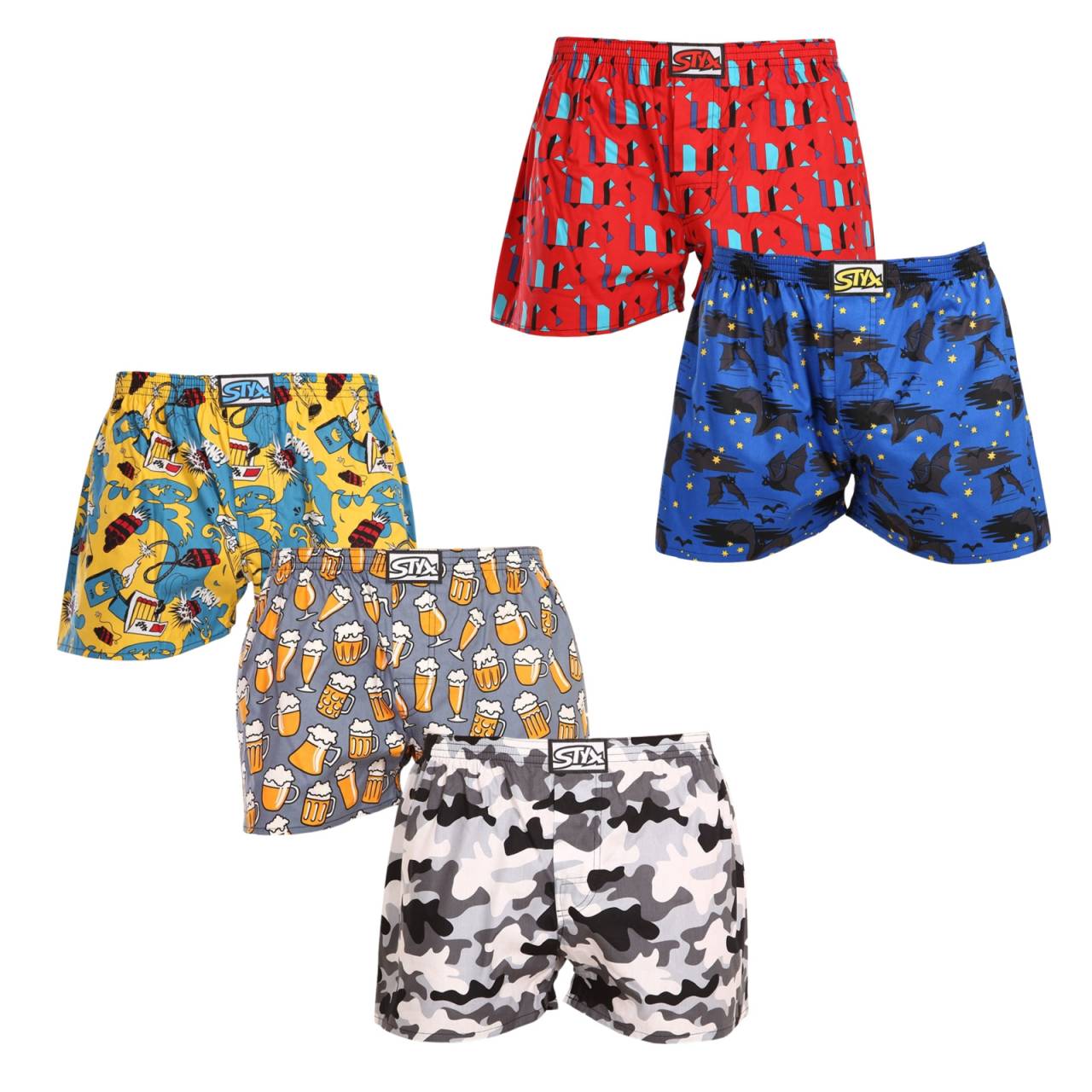 5PACK Herren Boxershorts Styx art klassischer Gummizug mehrfarbig (5A1377909) XL.
Gönnen Sie sich Stil und Komfort mit den Styx-Shorts für Männer in bunten und originellen Designs.
Weiches Material für ganztägigen Komfort
Die Styx-Shorts bestehen aus 100% Baumwolle, die auch bei ganztägigem Tragen weich und atmungsaktiv ist.
Originelles Design und bequeme Passform
Die Styx-Shorts bringen mit ihren kräftigen Farben und originellen Prints Verspieltheit und einzigartigen Stil in Ihre Garderobe.
Warum Styx-Shorts?

Hergestellt in der Tschechischen Republik mit dem Schwerpunkt auf Qualität und Präzision.


Das Material aus 100% Baumwolle sorgt für Weichheit und Komfort.


Originelle und witzige Designs, die Sie von der Masse abheben werden.

Qualität aus der Tschechischen Republik, das ist Styx-Unterwäsche
Die Unterwäsche von Styx wird vollständig in der Tschechischen Republik hergestellt.
Pflegehinweise für Styx-Shorts
Um die Qualität und den Komfort Ihrer Shorts zu erhalten, beachten Sie bitte die folgenden Hinweise:

Wäscherei: Bei maximal 30 °C waschen, damit die Farben intensiv und die Baumwolle weich bleibt.


Trocknen: Wir empfehlen, sie nicht im Trockner zu trocknen, sondern sie an der Luft trocknen zu lassen.


Bügeln: Für ein glattes Aussehen können Sie die Shorts bei niedriger Temperatur bügeln.

Tip: Werden Sie mit den Tipps in unserem Artikel zum Experten für die Pflege von Dessous und geben Sie Ihren Lieblingsstücken die Pflege, die sie verdienen.