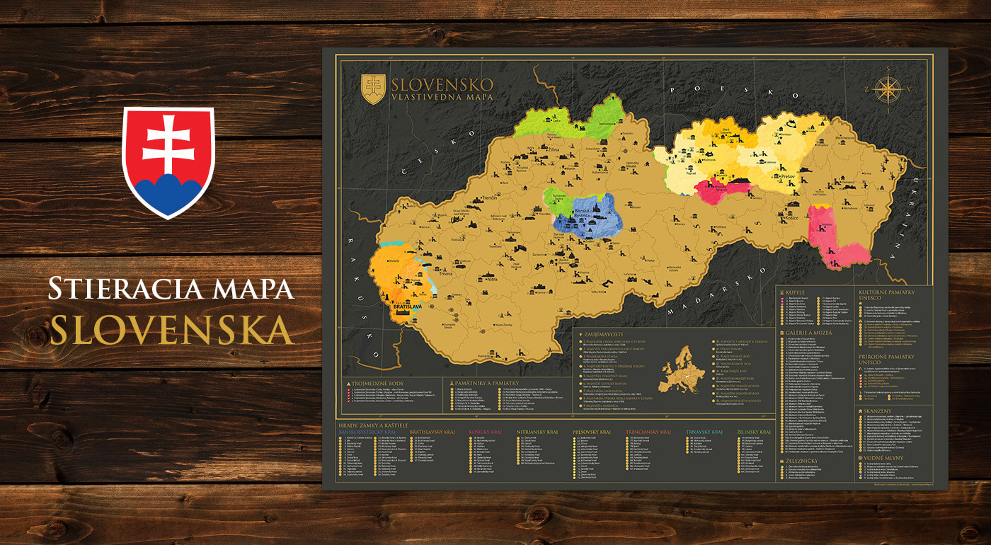 Stieracia mapa Slovenska - vlastivedná Stieracia mapa Slovenska - objavujte našu krajinu a svoje cesty a spoznávanie si značte na svoju mapu.