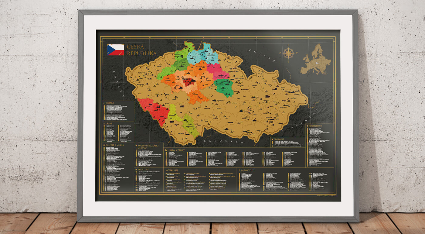 Originálna stieracia mapa Česka s viac ako 300 miestami, ktoré stoja za návštevu Najpodrobnejšia stieracia mapa Česka - spoznajte najkrajšie miesta u našich susedov a zaznačte si svoje výlety na originálnu mapu.