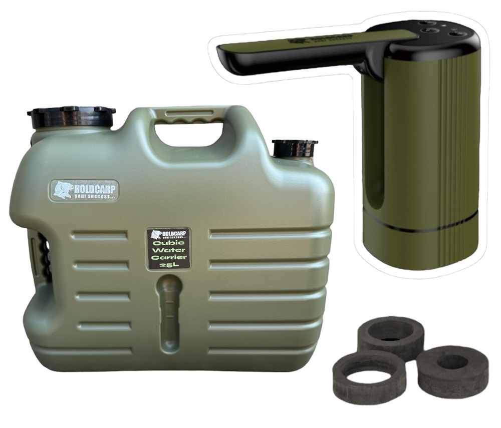 Holdcarp set automatická pumpa smart rechargeable tap + kanister cubic water carrier 25 l.
 Disponuje 3 samostatnými tlačidlami: 
 1.
 2.
 3.
 Parametre: •kapacita akumulátora: 1200mAh •výkon: 4w •napätie: 5V •výdrž: ~120-150L vody 
 + 
 Kanister na vodu s objemom 25L s dvoma otvormi.
 Parametre: •rozmery: 40 x 23 x 34 cm •hmotnosť: 1,07 kg