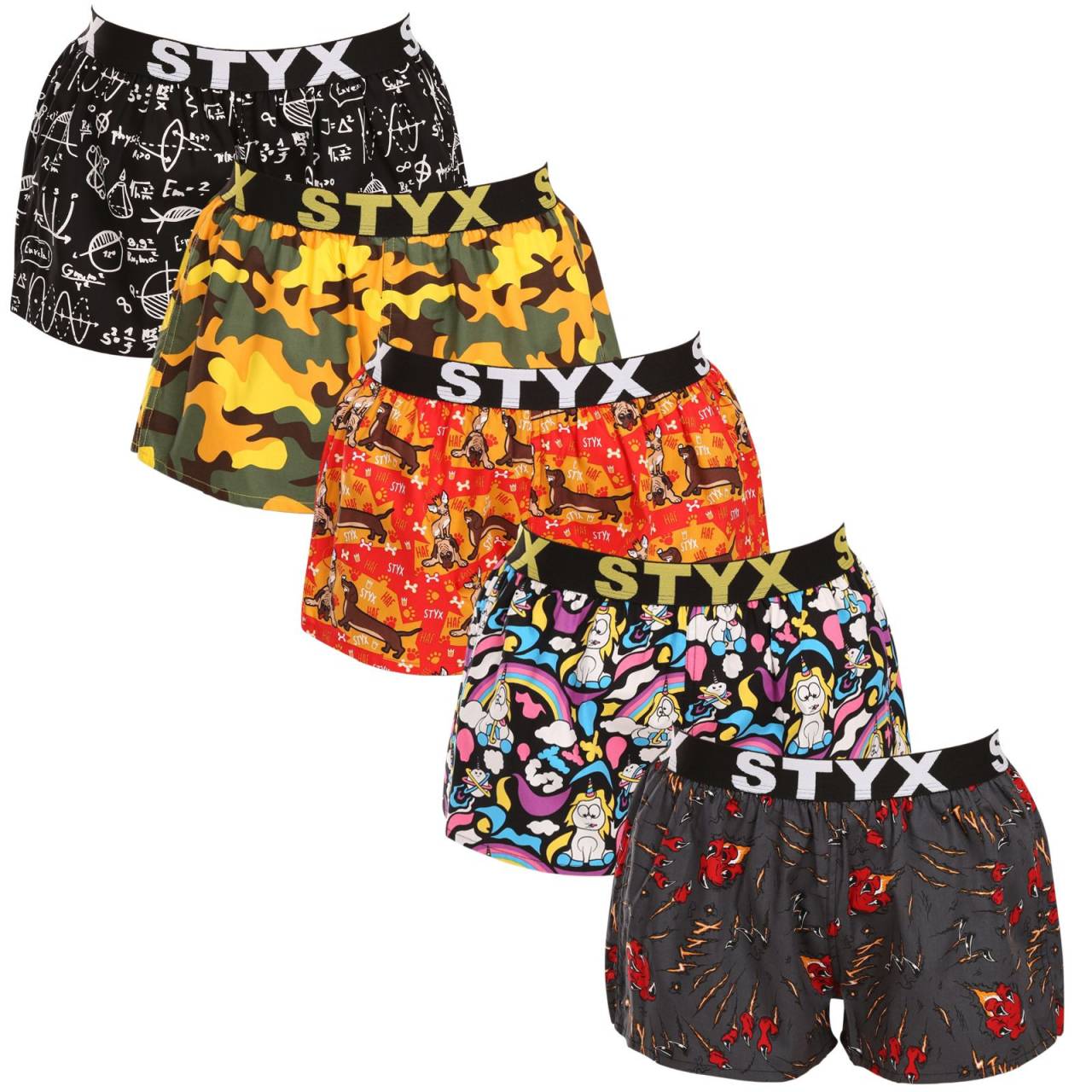 5PACK dámske trenky Styx art športová guma viacfarebné (5T1182492) XL, trenírky.
Hľadáte pohodlné a štýlové šortky, ktoré vám určite zlepšia náladu?
Kvalitný materiál na každodenné nosenie
Dámske šortky Styx Art sú vyrobené zo 100 % bavlny.
Veselý dizajn a pohodlný strih
Dámske šortky Styx sú dokonale funkčné a štýlové.
Prečo si zamilujete dámske šortky Styx?

100 % bavlna: Priedušné, mäkké a príjemné na dotyk.
Veselý dizajn: Originálne a hravé vzory v žiarivých farbách rozžiaria váš deň.
Voľný strih pre maximálne pohodlie: Ideálne na spanie a na doma.
Vytkávaná guma v páse: Netlačí a dobre sedí.
Vyrobené v Českej republike: Česká kvalita a precízne spracovanie.

Spodná bielizeň Styx je jednou z najobľúbenejších
Česká značka Styx je medzi zákazníkmi známa najmä vďaka svojej spodnej bielizni s neotrelými vzormi vo výrazných farbách.
Ako sa starať o svoje obľúbené šortky Styx?
Aby vaše nové šortky vydržali dlho v perfektnom stave, odporúčame dodržiavať tieto tipy.

Pranie: Odporúčané na 30 °C, aby sa zachovala mäkkosť a kvalita potlače.
Sušenie: Sušenie v bubnovej sušičke: Nie je vhodné sušiť v bubnovej sušičke, uprednostnite sušenie na vzduchu.
Žehlenie: Áno, pri nižšej teplote (odporúčame žehliť naruby).

Tip: Nájsť ten správny kus spodnej bielizne, ktorý vám dokonale padne, môže byť náročné.