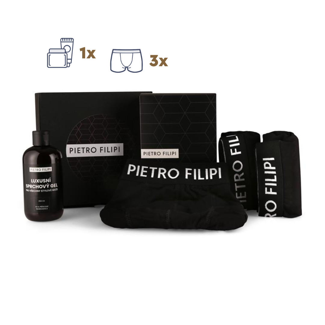 3PACK Set regalo uomo boxer e gel doccia Pietro Filipi (4PAP1) XL.
Dimostrate al vostro uomo preferito che ci tenete a lui!
Cosa contiene il set regalo Pietro Filipi

3 pezzi di eleganti boxer da uomo Pietro Filipi


1 confezione di gel doccia Pietro Filipi dalla formula nutriente

I boxer Pietro Filipi coniugano eleganza e massima qualità
Questi boxer sono realizzati in materiale morbidissimo, per garantirvi il massimo comfort per tutto il giorno.
Un gel doccia delicato per prendersi cura della propria pelle
Il Gel Doccia Pietro Filipi ha una formula delicata che non secca e, al contrario, dona alla pelle morbidezza e un profumo fresco e discreto.
Perché questo set regalo di Pietro Filipi vale il peccato

Boxer comodi per tutte le occasioni.


Cosmetici per uomini veri.


Confezione elegante.

Nuovi inizi Pietro Filipi
Il marchio Pietro Filipi è presente sul mercato ceco da molti anni ed è diventato famoso per il suo abbigliamento moderno per il lavoro e il tempo libero.
Come prendersi cura dei propri boxer preferiti
Per mantenere i vostri nuovi boxer in ottima forma, è importante seguire queste linee guida:

Lavanderia: Si consiglia di lavare i boxer a 40°C.


Asciugatura: È possibile asciugare i boxer in asciugatrice, ma solo a bassa temperatura per evitare di danneggiare l'elastan.


Stiratura: Può essere stirato a bassa temperatura, ma si consiglia di stirarlo al rovescio per preservare la qualità del materiale e del logo.

Suggerimento: Trovare il capo di biancheria intima che vi calzi a pennello può essere una sfida.
 
Ingredienti:
Calzini - 80% bambù, 15% poliammide, 5% elastan
Doccia - Aqua, Ammonium Lauryl Sulfate, Cocamidopropyl Betaine, Disodium Cocoyl Glutamate, Glycerin, Phenoxyethanol, Sodium Chloride, Parfum, Triethylene Glycol, Sodium Lactate, Sodium PCA, Limonene, Linalool, Hexyl Cinnamal, Fruttosio, Glicina, Inositolo, Acido lattico, Niacinamide, Urea, Estratto di frutta/foglie di Tasmannia Lanceolata, Benzoato di Sodio