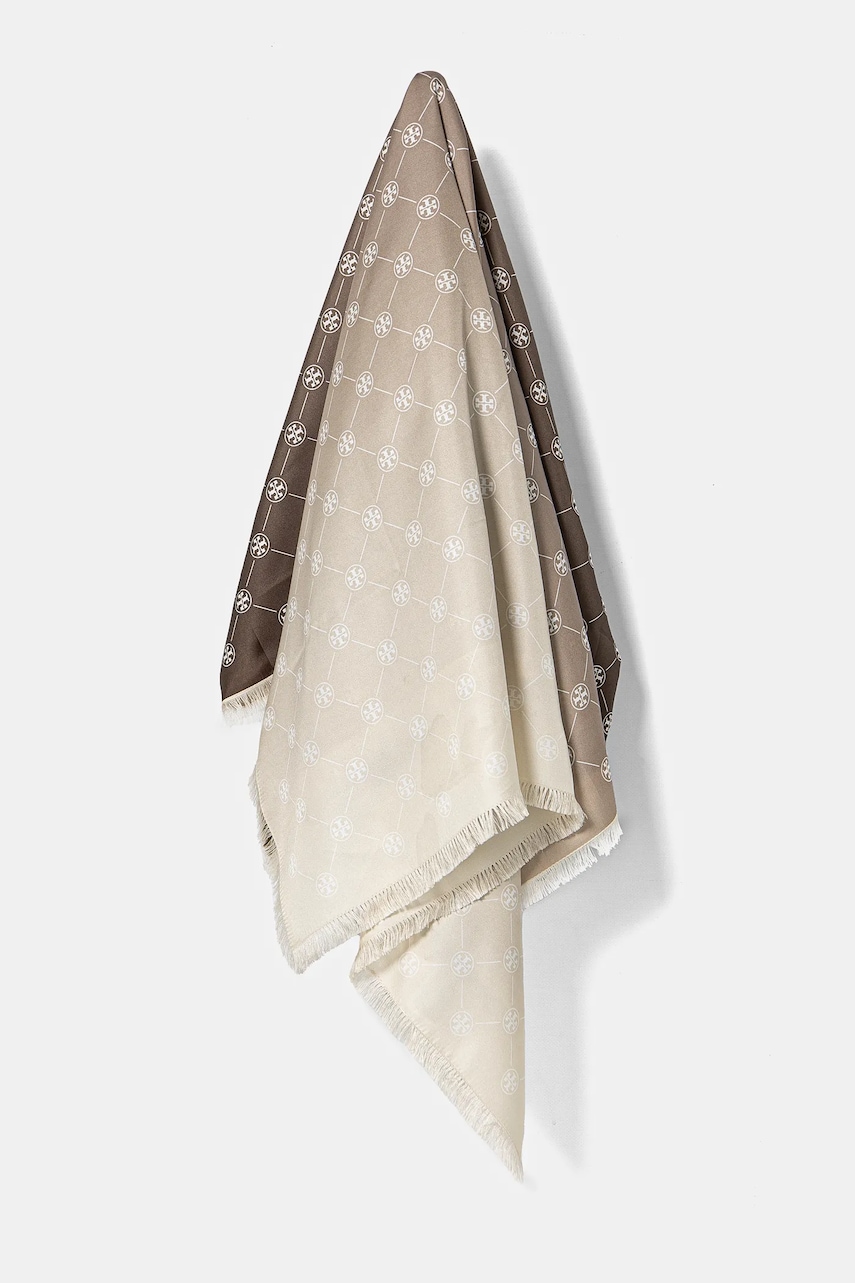 Hodvábny šál Tory Burch T Monogram Silk Oblong dámsky, béžová farba, vzorovaný, 167410-250.