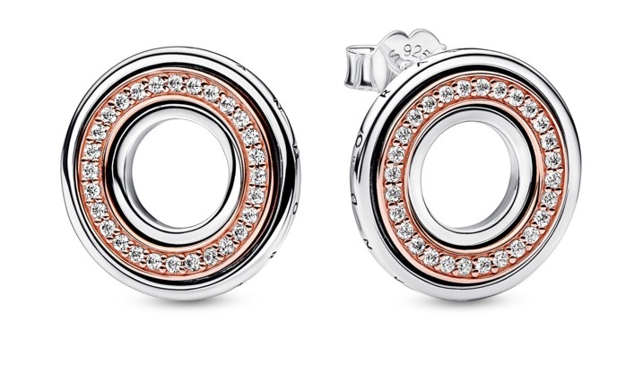 Pandora Originálne bicolor náušnice so zirkónmi Rose Signature Logo 282780C01.