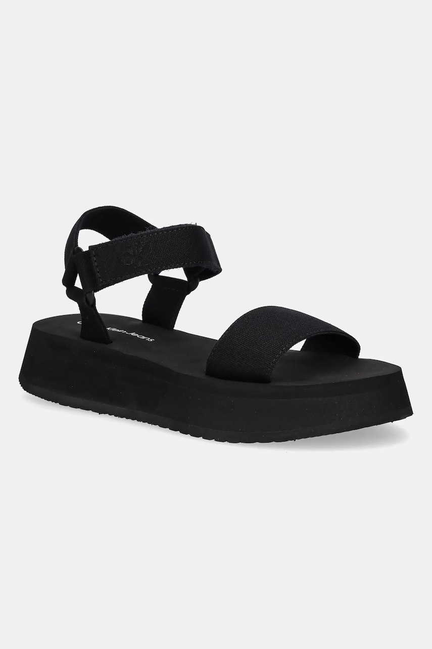 Sandále Calvin Klein Jeans SANDAL VELCRO WEBBING MG dámske, čierna farba, na platforme, YW0YW01693.